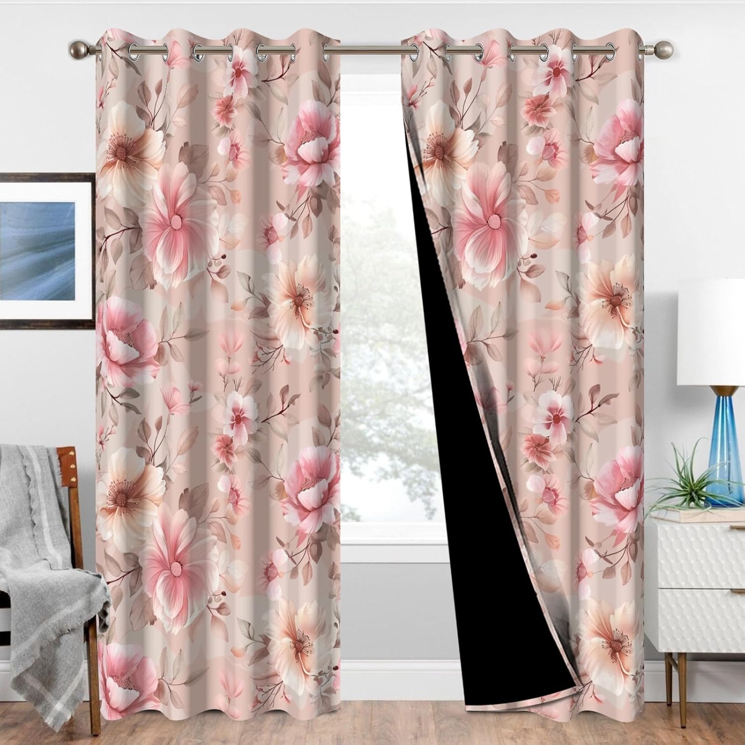 Girls Bedroom Blackout Curtains 84 Inch Length 2 Panels Set, Spring Thermal Insulated Soundproof Pink Floral Black Out Curtains for Nursery and Living Room, Vintage Pattern Grommet Darkening Drapes