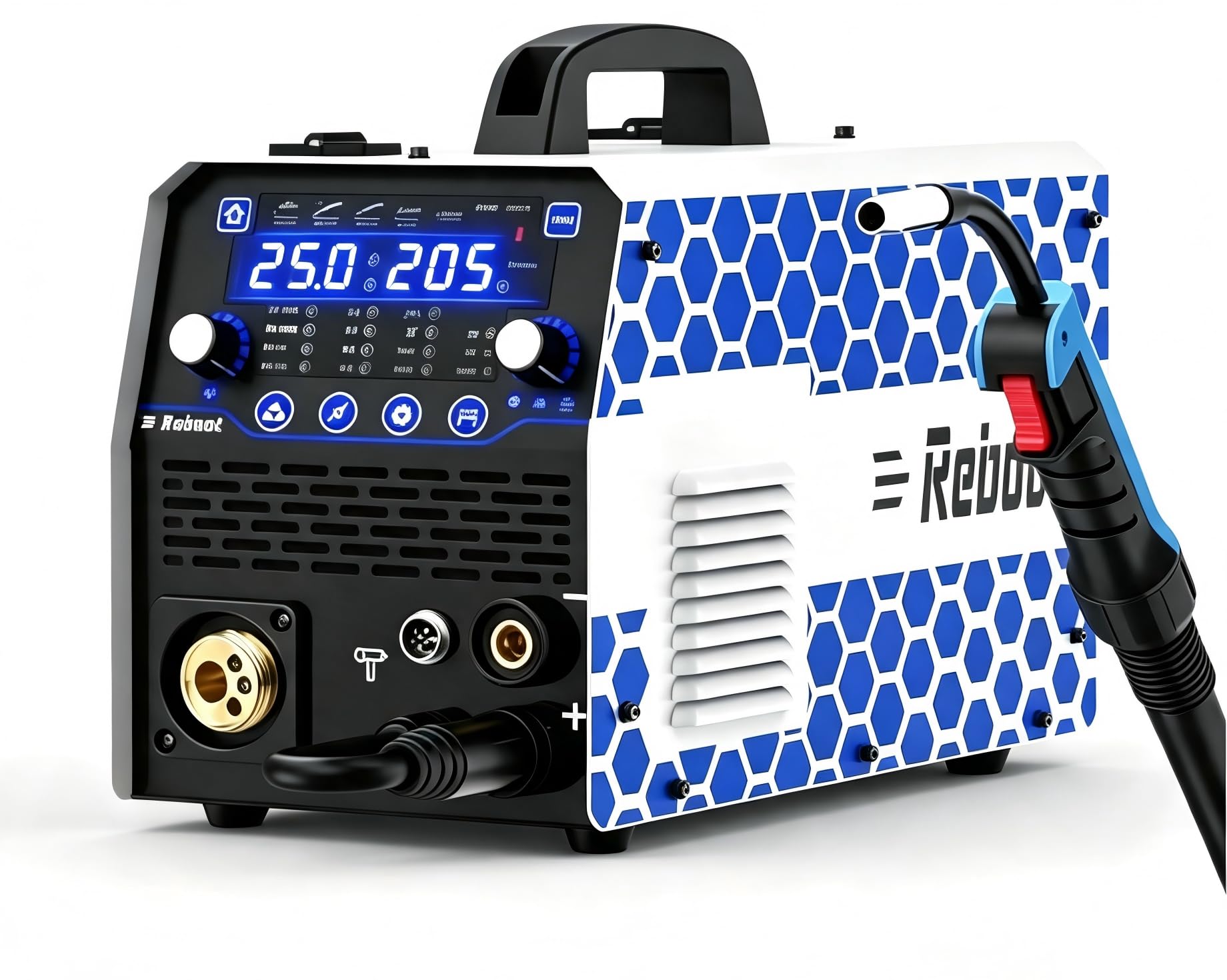 Reboot Soldadora multifunción 7 en 1 205 A – MIG/MAG, sin gas, MMA, Lift-TIG, soldadura por puntos, preparación de aluminio, pantalla digital, 240 V, ideal para bricolaje y taller