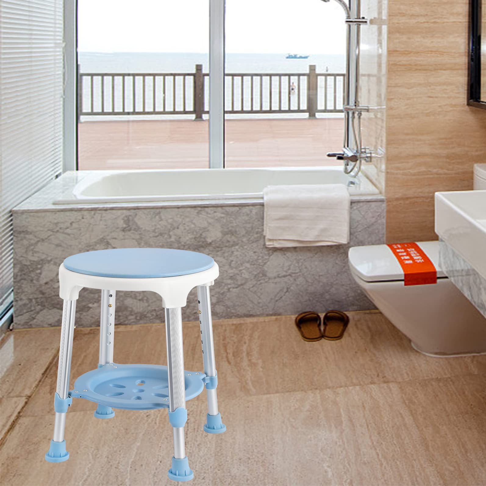 Aufun Taburete de Ducha，Silla Redonda giratoria de 360 Grados, para Personas Mayores Ajustable en Altura, Taburete de baño Antideslizante de 150 kg para Personas Mayores, Mujeres Embarazadas