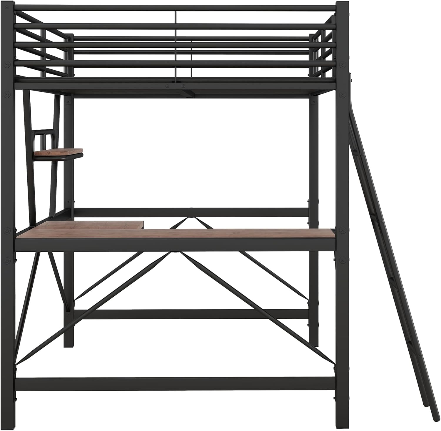 Loft Bed Full Size with Desk and Shelf, Metal Bedframe with Removable Ladder and Safety Guardrail, Full Bed Frame for Kids, Teens Adults, Spcace-Saving Noise-Free and Anti-tilt Design, Black