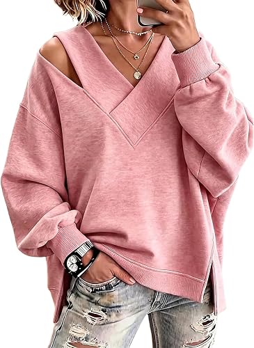 Shiketong Womens Off Shoulder V Neck Sweatshirt Cold Shoulder Top Pink
