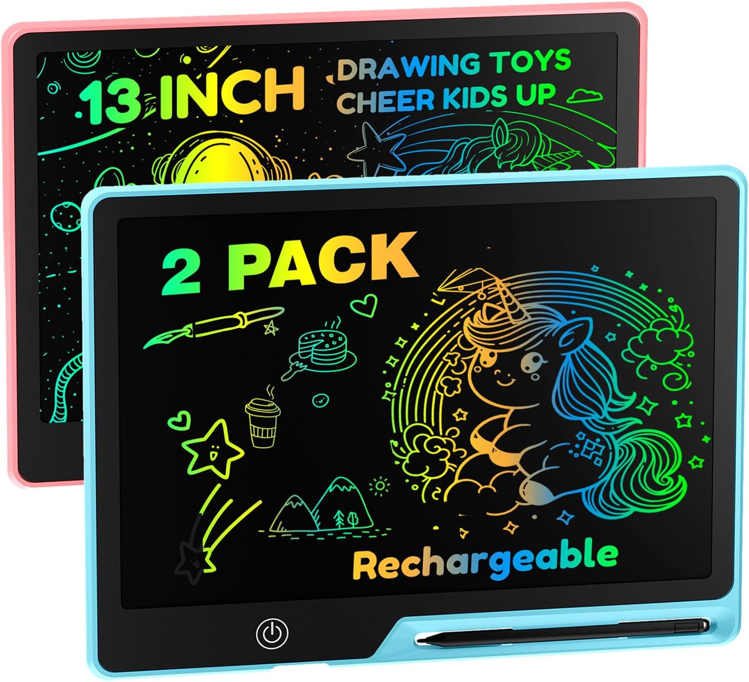 2PACK LCD Writing Tablet for Kids, Rechargeable Doodle Board Toys Gifts for 3 6 8 Year Old Girls Boys, 13 Inch Colorful Drawing Pad for Kids, Gifts for Toddler Educational Learning Travel Toys