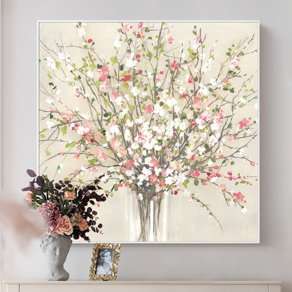 Tableau De Peinture sur Toile, Texture Colorée Fleur De Pêcher Branche Vase Oeuvre Abstraite Moderne Peinte À La Main Peintures À l'huile sur Toile pour Famille Mur Salon Salle À Manger M