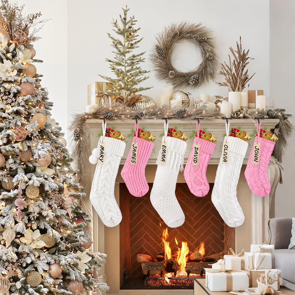 6pcs Knitted Christmas Stockings Decoration, 18Inch 15inch Cream White Pink Large Cable Xmas Stocking Personalized Hanging Knit Stocking's with Name Tags for Family Farmhouse Holiday Decor - Image 6