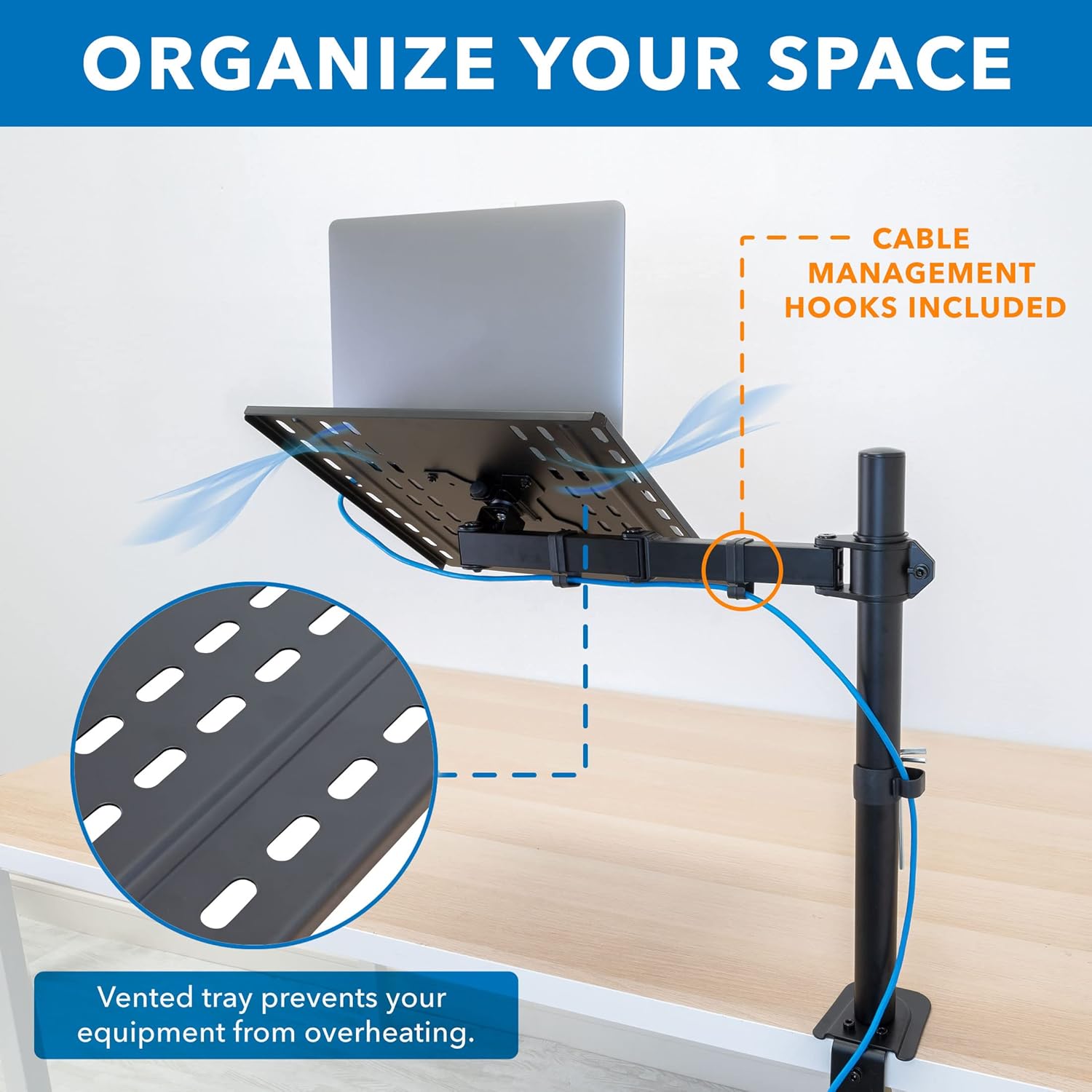 Black Adjustable Laptop Desk Mount with Vented Tray