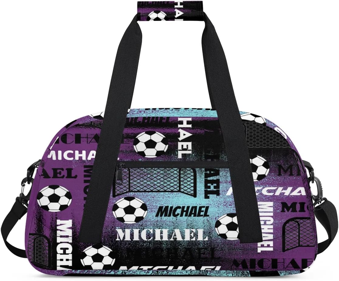 Custom Soccer Gym Bag Duffel Bag for Women Men, Personalized Name Sport Bag Overnight Bags Custom Travel Weekender Bag with Name, Purple Black