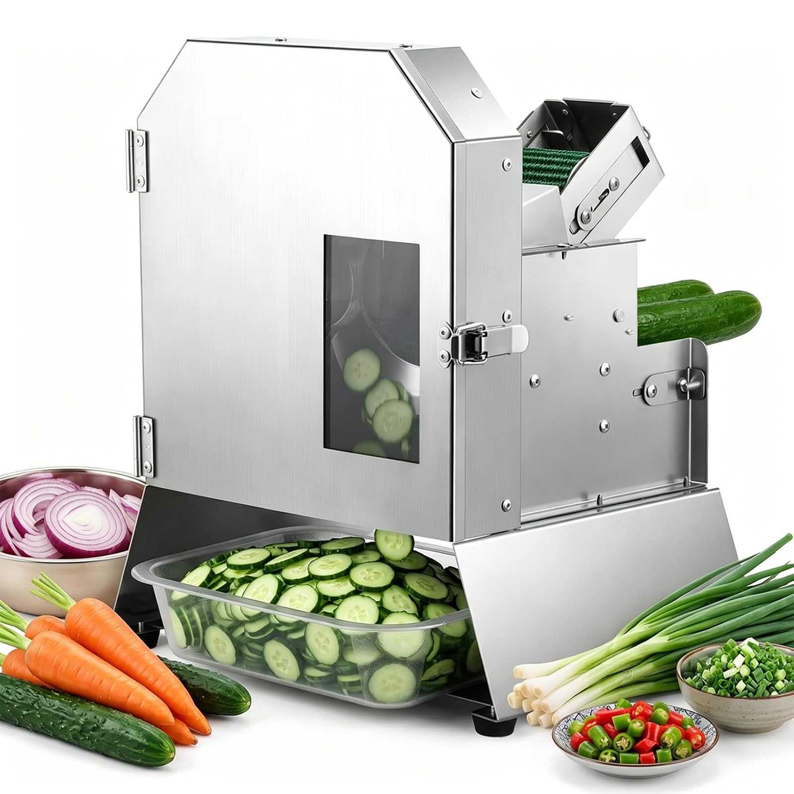 Fablestoryem Multicolor 200W Electric Vegetable Cutter, 400Lb/H Conveyor Belt Veggie Slicer, 1.5-35Mm Thickness Adjustable, Stainless Steel Food Processor For Chives, Chili, Tomatoes, Cucumbers, Onions & Potatoes