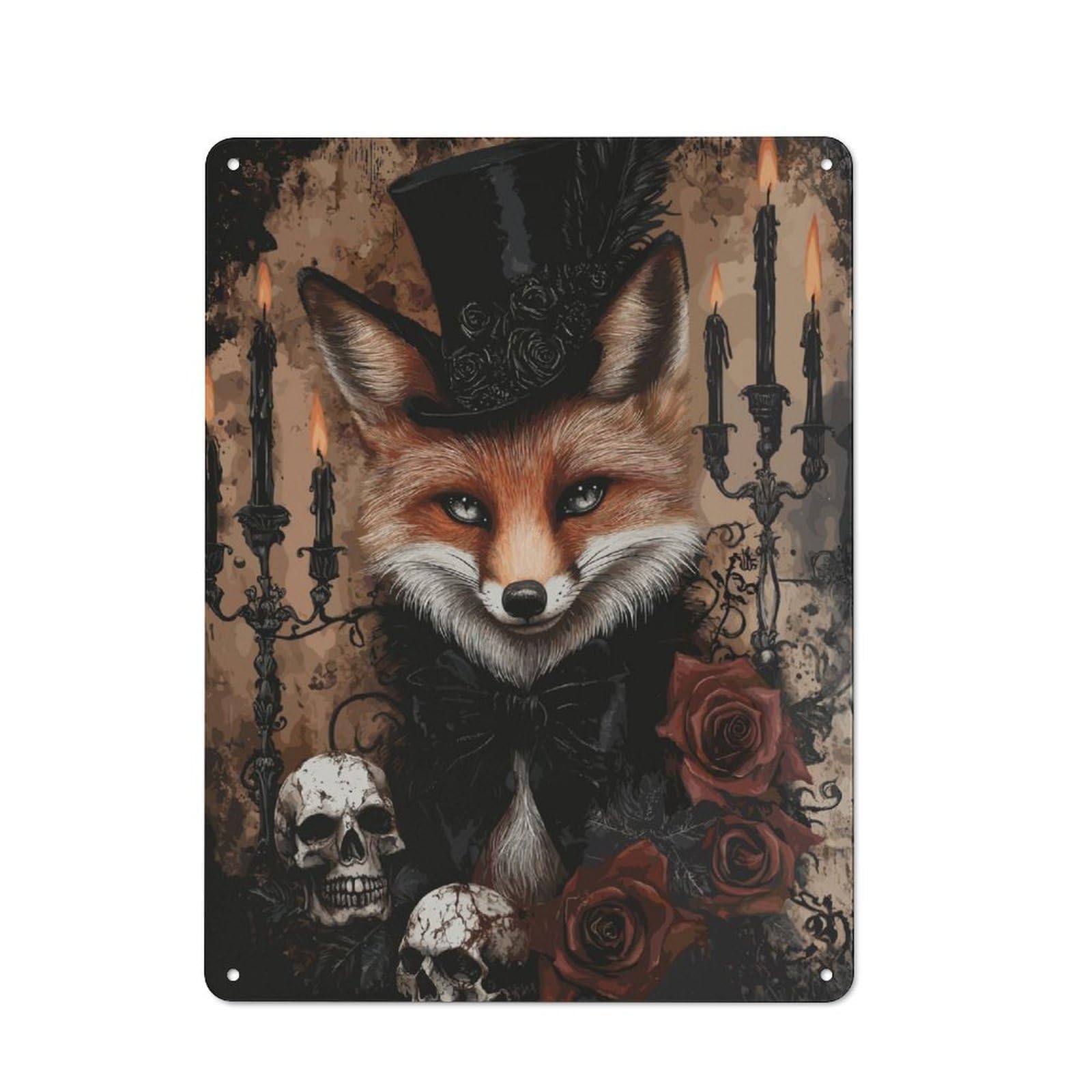 Junmoney Gothic Fox In Top Hat With Roses And Skulls Barn Style Metal Wall Decor 40X30cm, Country Metal Sign For Kitchen, Cottage, Porch Or Garden Room