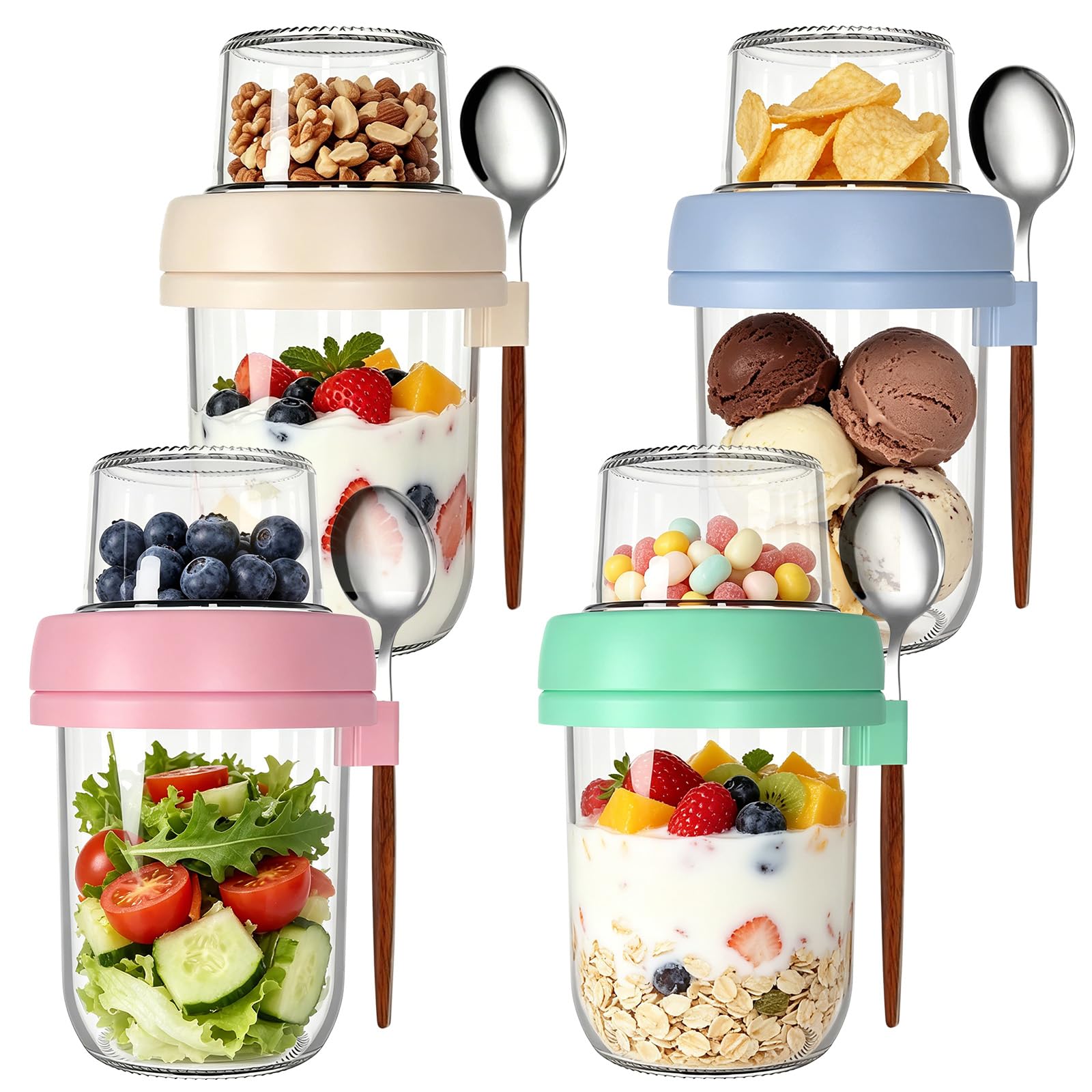 CEWROM 4er Set Müslibecher to Go,480 ml Haferglas mit Deckel, Doppelwandiger Glasbehälter mit Deckel, Joghurtbecher to go Und Müslibecher Geeignet für die Arbeit, die Schule oder Picknicks