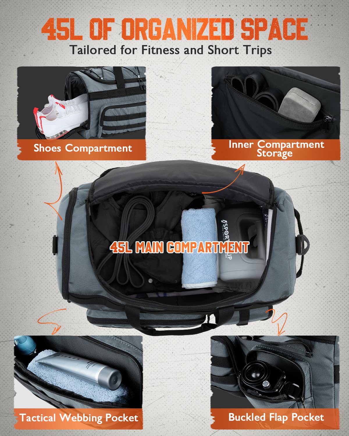 Gonex Bolsa de deporte y bolsa de viaje para hombre de 45 l, 3 en 1, portátil, con compartimento para zapatos, para gimnasio, entrenamiento y viajes (gris)