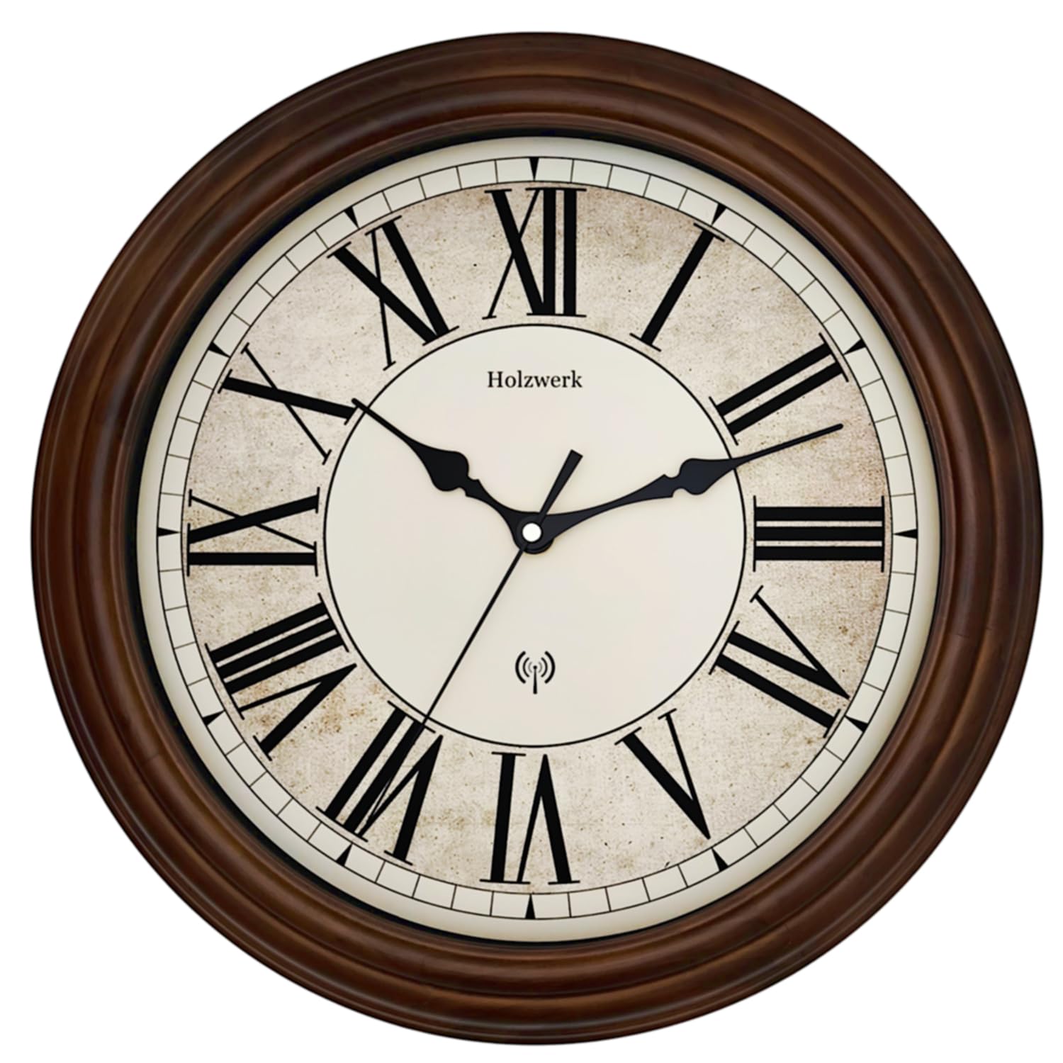 Holzwerk Natural Vintage Retro Wooden Radio Wall Clock with Roman Numerals Radio-Controlled Clock Running Quiet Movement without Ticking Noises Brown Almost Silent Solid Wood Natural 14 Inches 35 cm