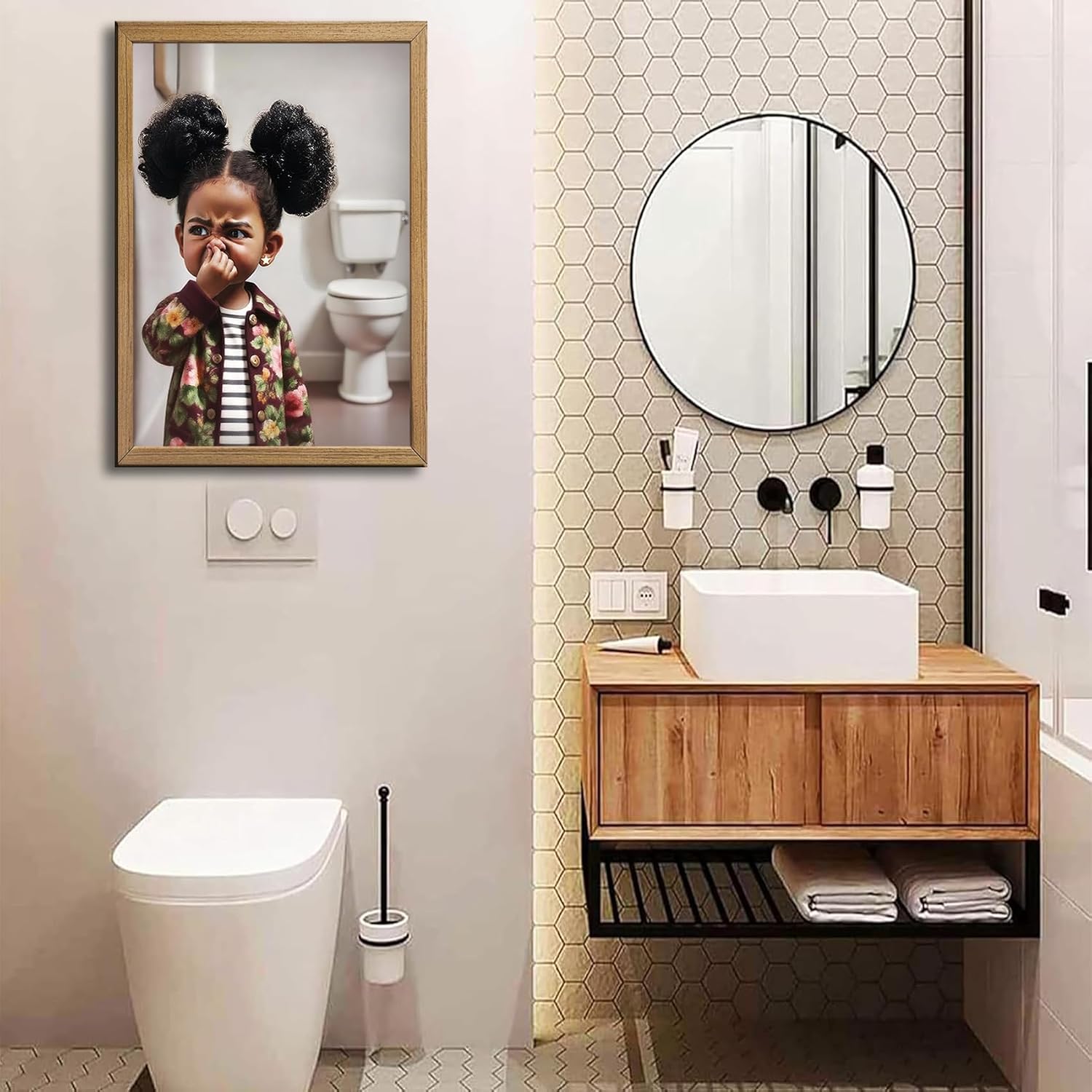 Wood Framed Colorato Stank Face Bathroom Canvas Wall Art Funny Black Girl Wall Decor Humor African American Kids Posters Pictures Bathroom Painting Prints Artwork for Toilet Kids Bathroom Home