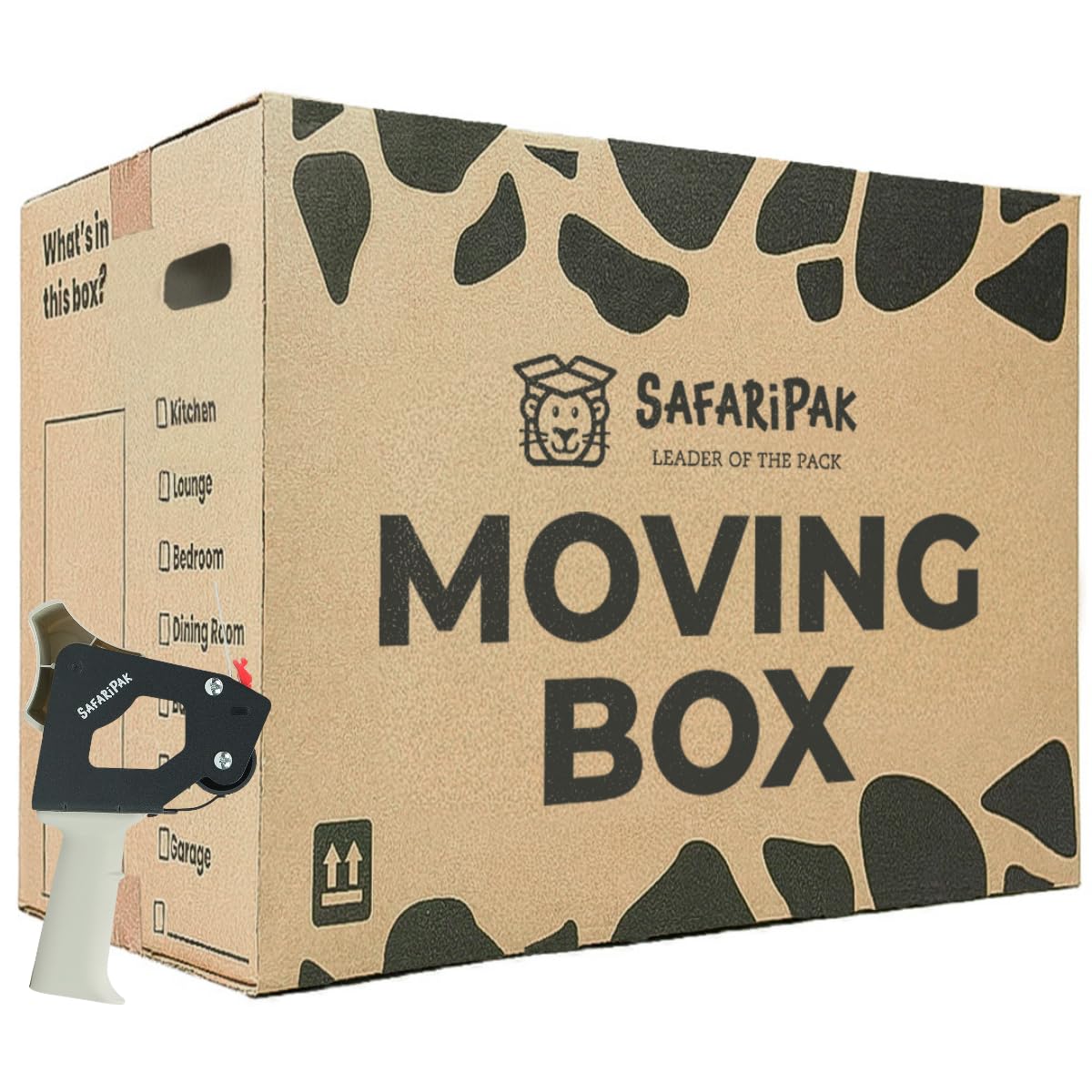 SAFARIPAK - 20 Pack Strong Large 52cm x 30cm x 30cm Reusable Cardboard Storage Packing Moving House Boxes with Carry Handles and Room List Checkboxes - 47 Litres Capacity - Inc. Tape Dispenser Gun