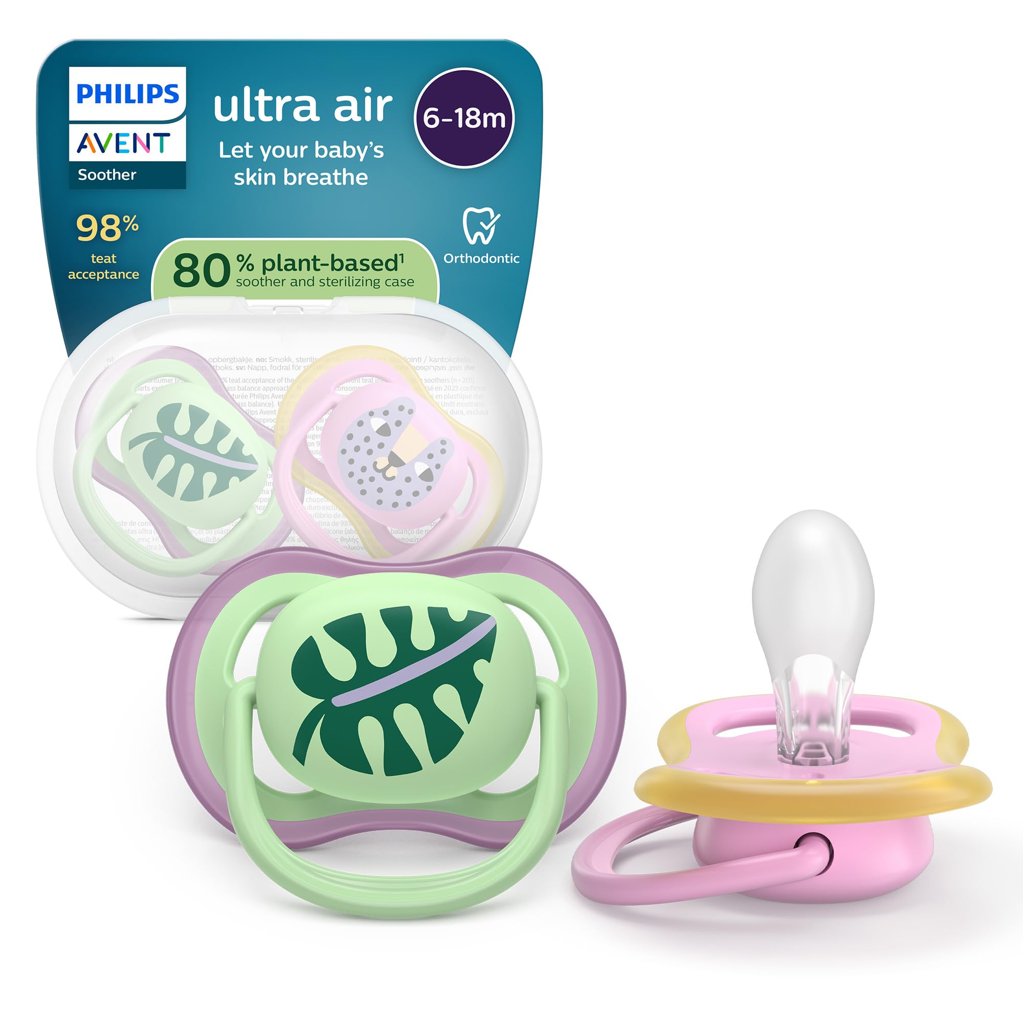 Philips Avent Ultra Air Soothers, Orthodontic Design, for Babies 6-18 Months, Soft Silicone Symmetrical Teat, BPA-Free