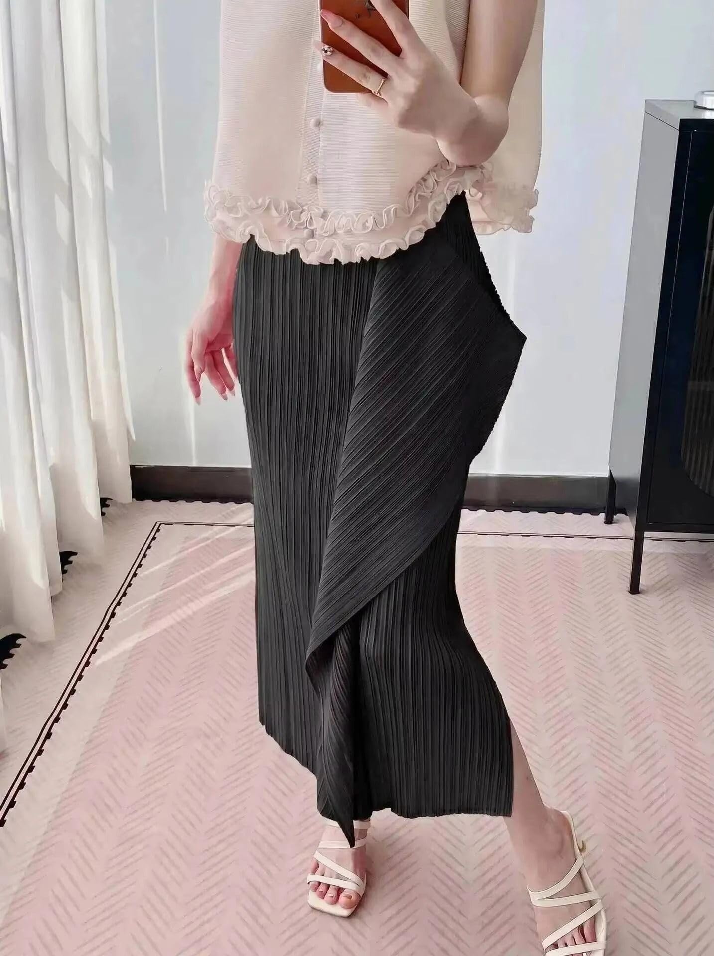 Falda Midi Irregular con Volantes Plisados, Cintura Alta, línea A y fluida para Mujer Black Mediano