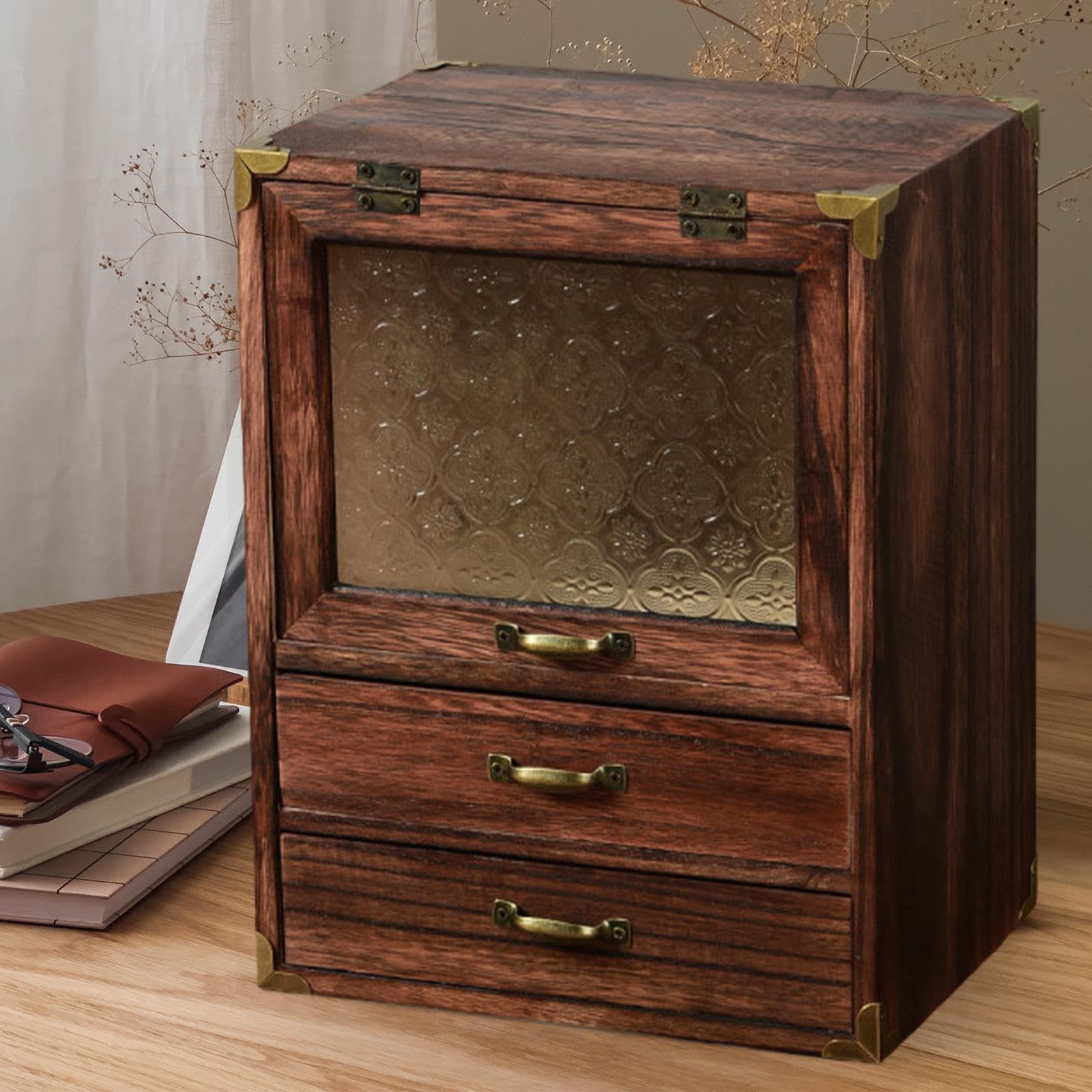 Make up Aufbewahrungsbox mit Pinselhalter, Vintage Vitrinenkasten aus Massivholz und Glas, jedes Stück handgefertigt, Kosmetikvitrine, Make up Box Ständer, Stil A