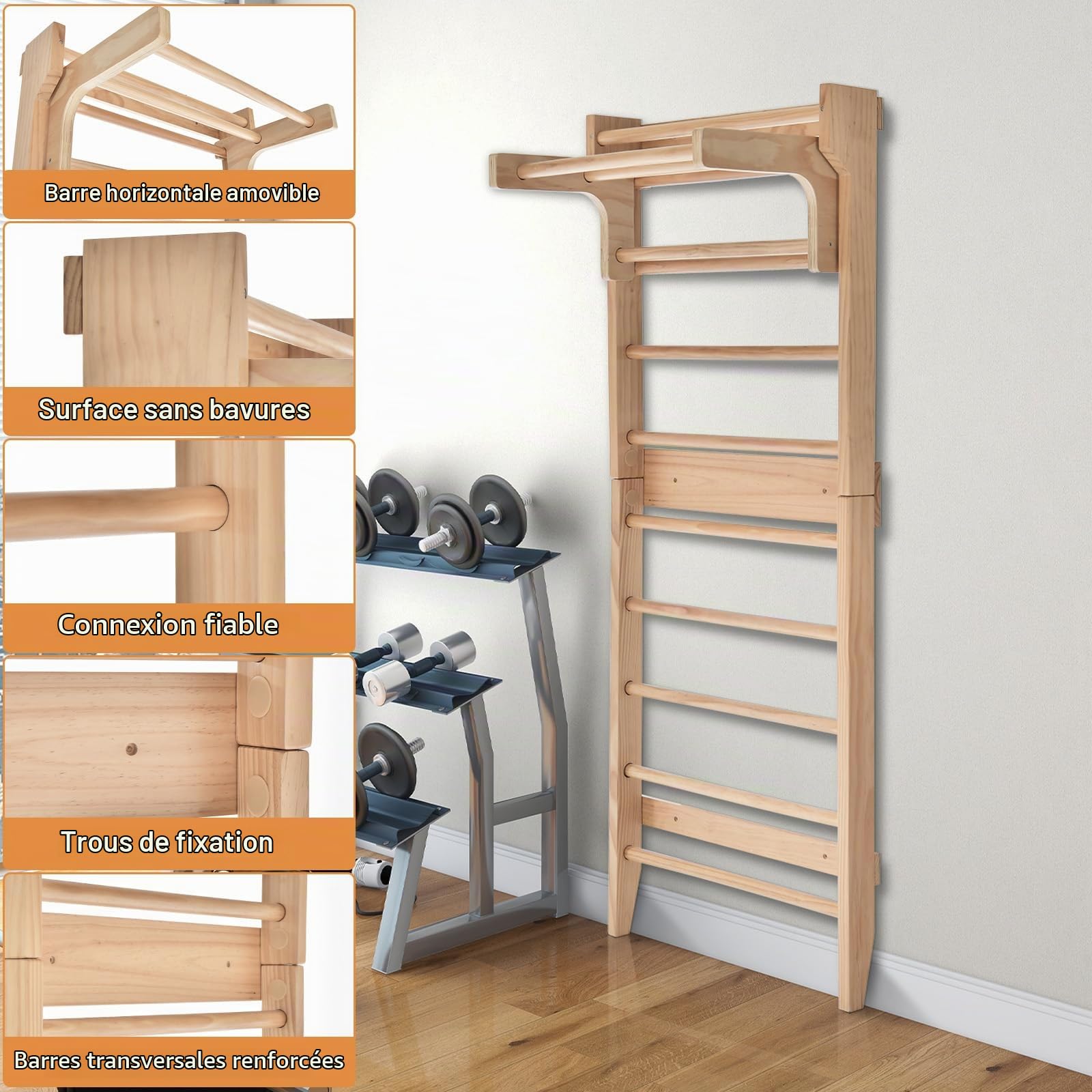 HOMASIS Spallière Gymnastique en bois, Spallière suédoise avec barre horizontale amovible, barre de traction pour enfants et adultes, 80 x 48 x 195 cm