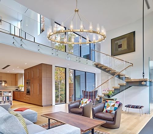 Miniatura 5 de Candelabro dorado de 60 pulgadas, lámpara de rueda de vagón con pantalla de cristal, 20 luces, grande, redonda, moderna, de granja, techo alto, para