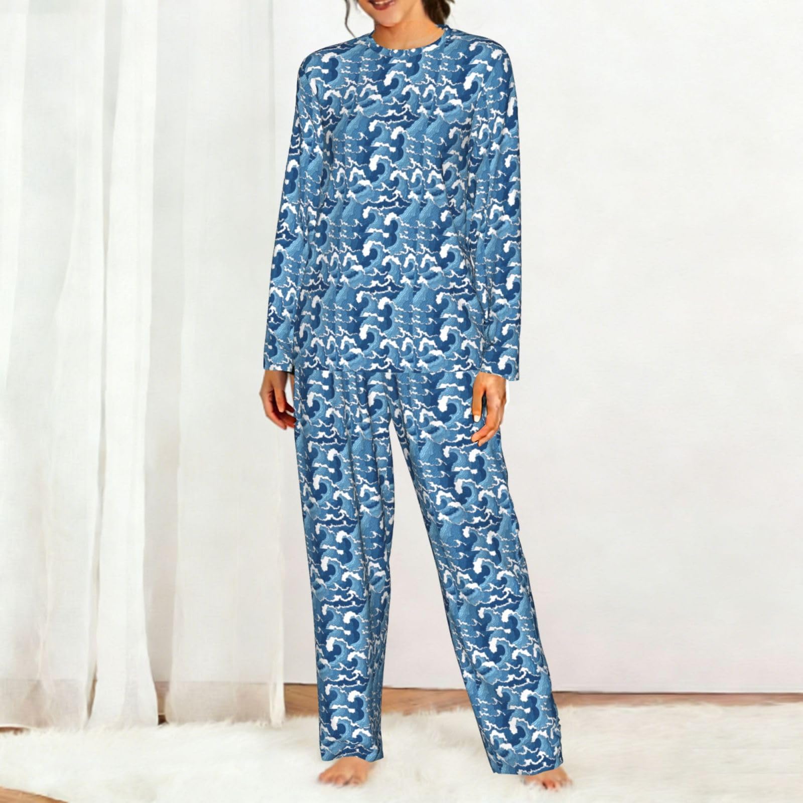 Pigiama da donna a maniche lunghe con stampa di mare tempestoso, morbido pigiama da spiaggia, vacanze, biancheria da notte, regalo casual