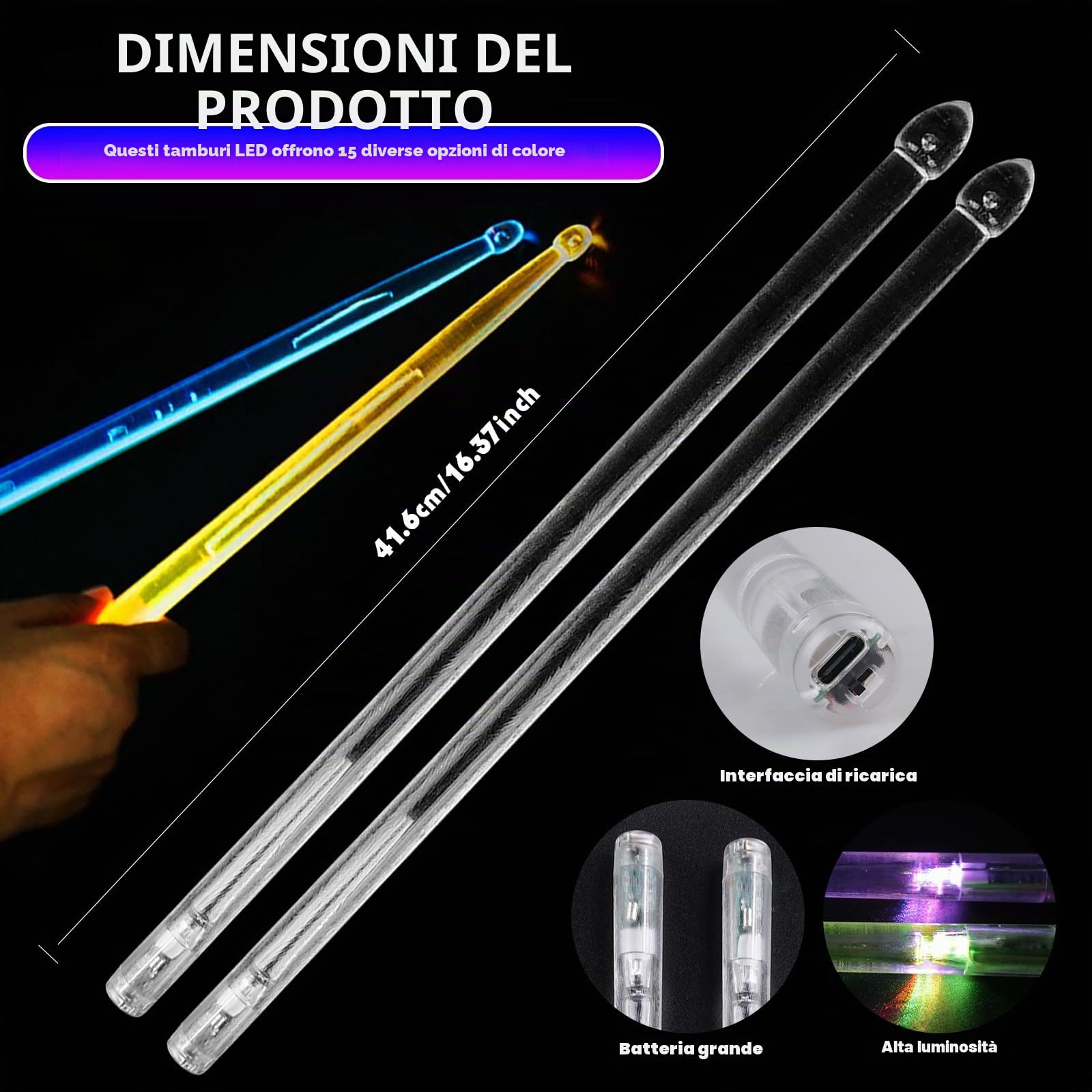 Bacchette per batteria 5A LED luminose ricaricabili, bacchette per batteria con luci fantastiche in materiale polimerico PC per set di batteria, perfette per percussioni e strumenti musicali, 15