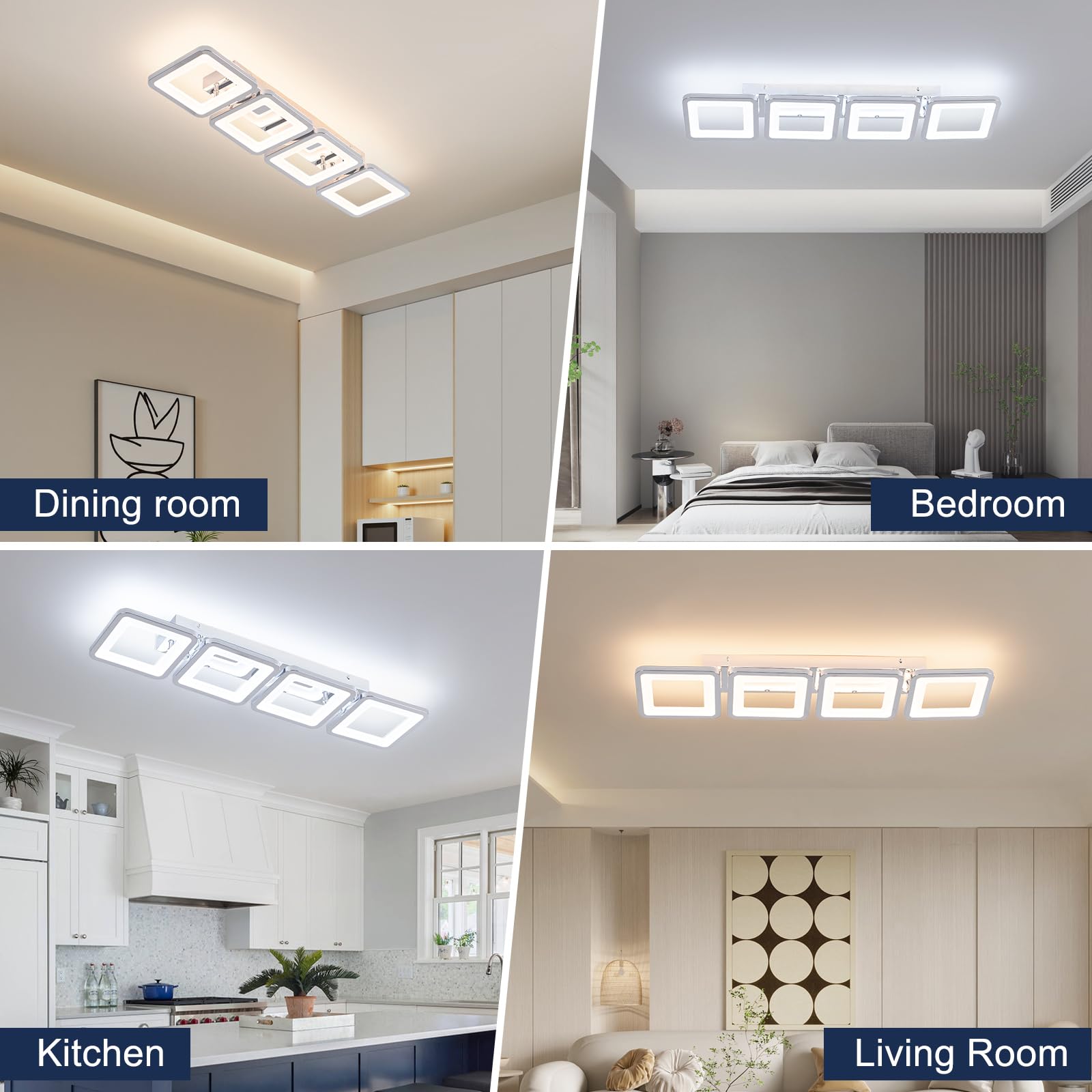 Nowoczesna lampa sufitowa LED, 69 cm, czarna, ściemnialna lampa sufitowa LED z pilotem, 4-kwadratowa srebrna lampa sufitowa do jadalni, sypialni, biura, kuchni, salonu, światła, 52 W
