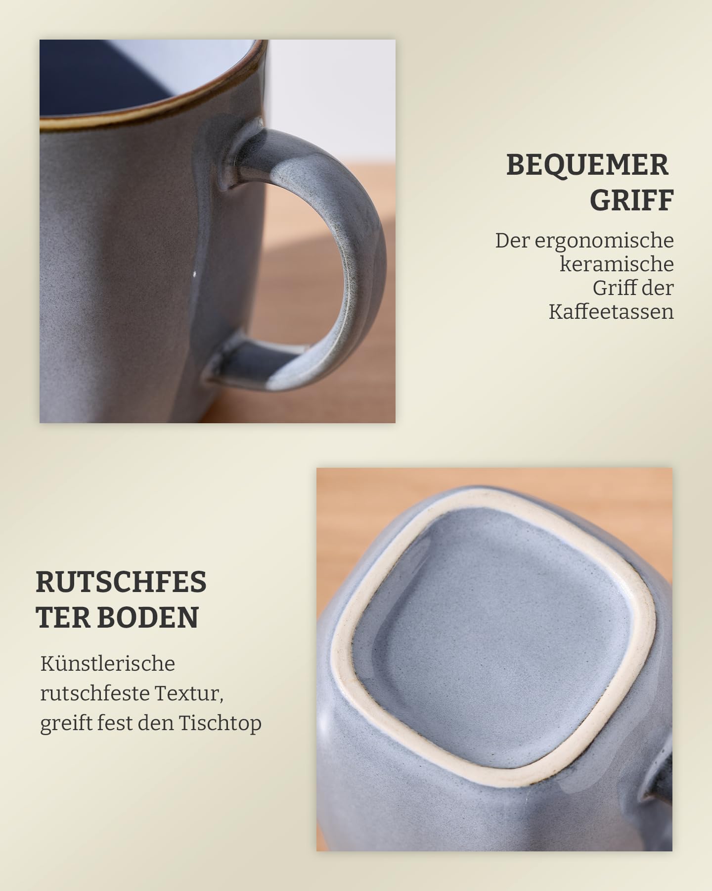 Richmount Kaffeetassen, 6er Set Ocean Square-Serie, 384ml (13oz) mit Henkel, Steingut Tassen für Küche, Spülmaschinen- & mikrowellensicher, für Kakao/Milch/Tee, Blau