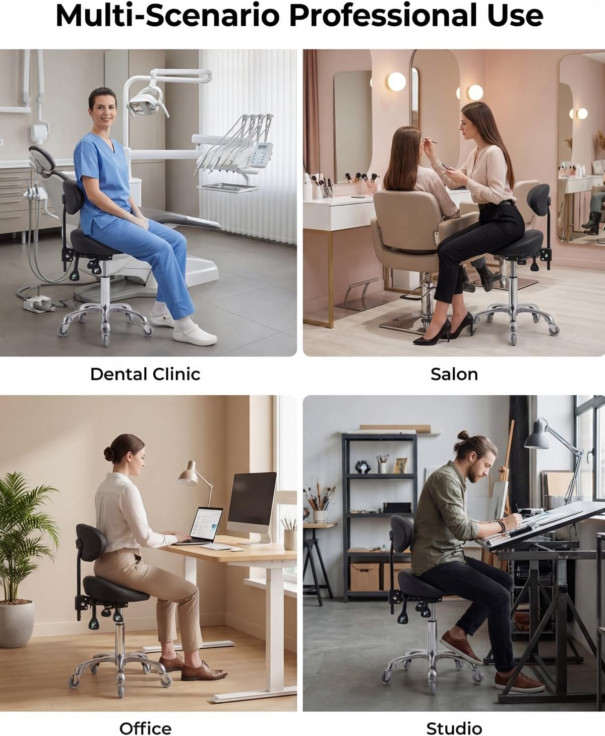 Saddle Stool Chair with Back Support, Ergonomic Stool with Wheels, Super Quiet and Smooth Rolling Stool, Height Adjustable Saddle Chair for Commercial Office and Home Use, Max Load 400 LBS - Image 8