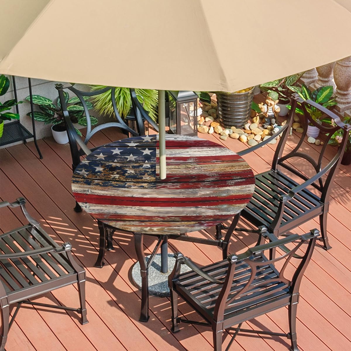 Old Wooden American Flag Outdoor Tablecloth with Umbrella Hole, Round Elastic Fitted Table Cloth with Zipper, Waterproof Picnic Patio Table Covers Fits 36-44 in Tables