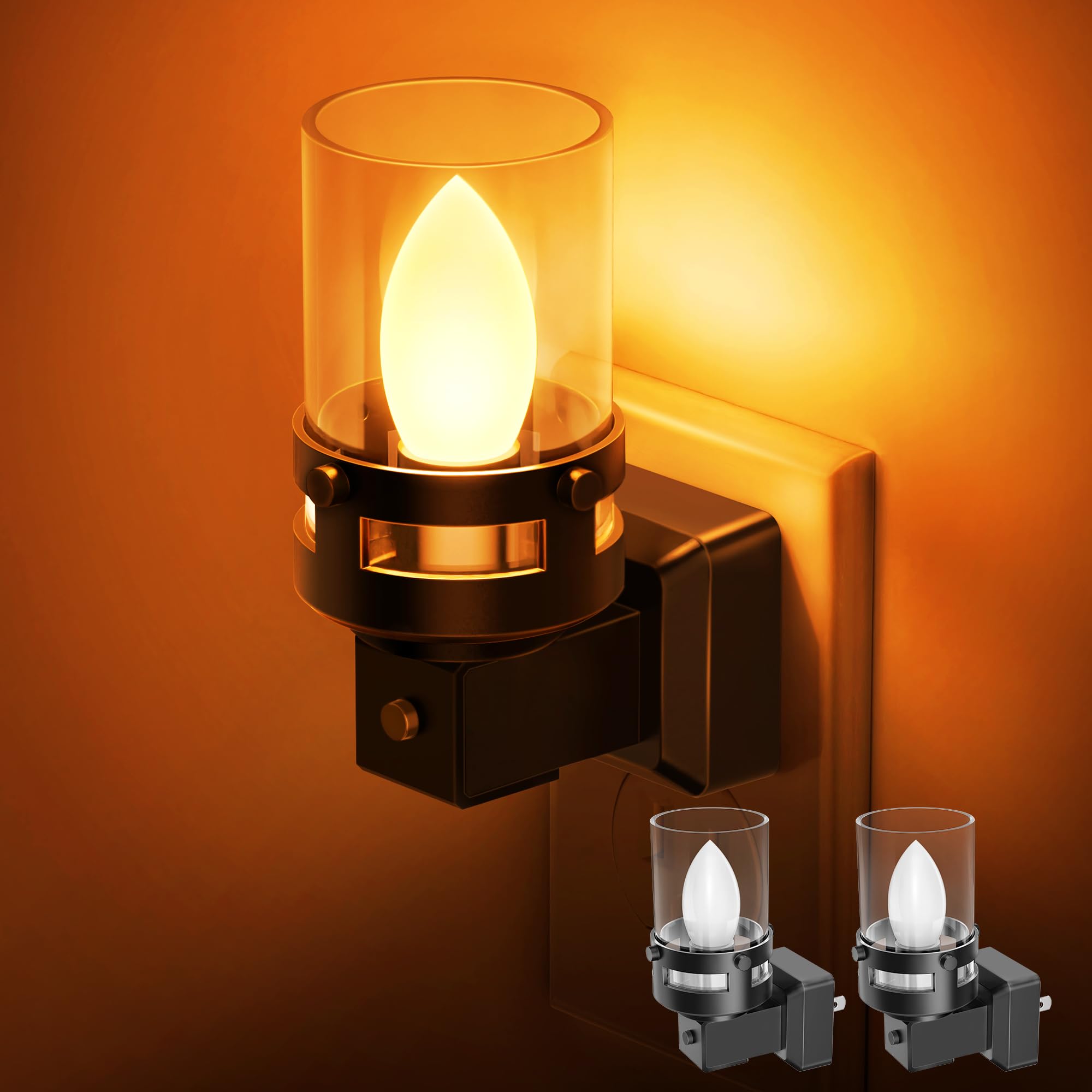 Briignite Candle Night Light Plug in 2 Pack, Amber Nightlight Dimmable