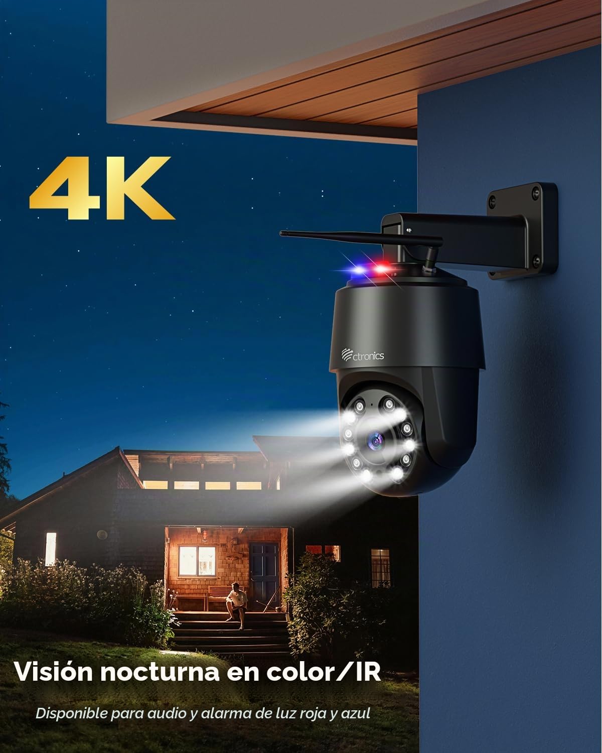 Ctronics 4K 8MP Camara de Vigilancia Exterior WiFi 2,4/5GHz, IP Camara con Detección Humana/Vehículo/Ainmal, Seguimiento Automático, Luz de Alarma Roja-Azul, Visión Nocturna Colorida, PC/Metal/Cloud | Detección Humana/Vehículo/Ainmal, Seguimiento Automáti