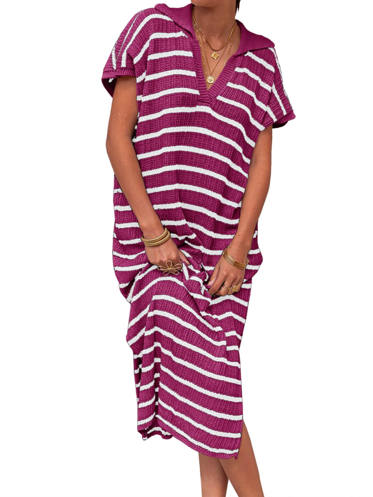 Saodimallsu Womens Striped Summer Dresses Short Sleeve V Neck Knit Collared Sexy Slit Loose Maxi Sweater Dress