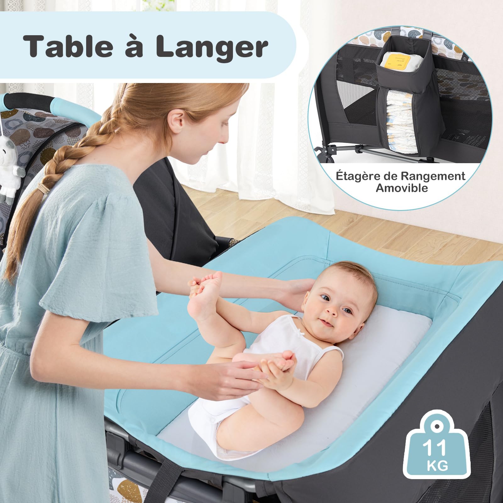 COSTWAY 5 en 1 Lit Parapluie Bébé avec Matelas & Table à Langer, Lit Bébé Evolutif avec Boîte à Musique & Jouets Suspendus, Sac de Transport & Roues Verrouillables, Berceau pour 0-36 Mois (Bleu)