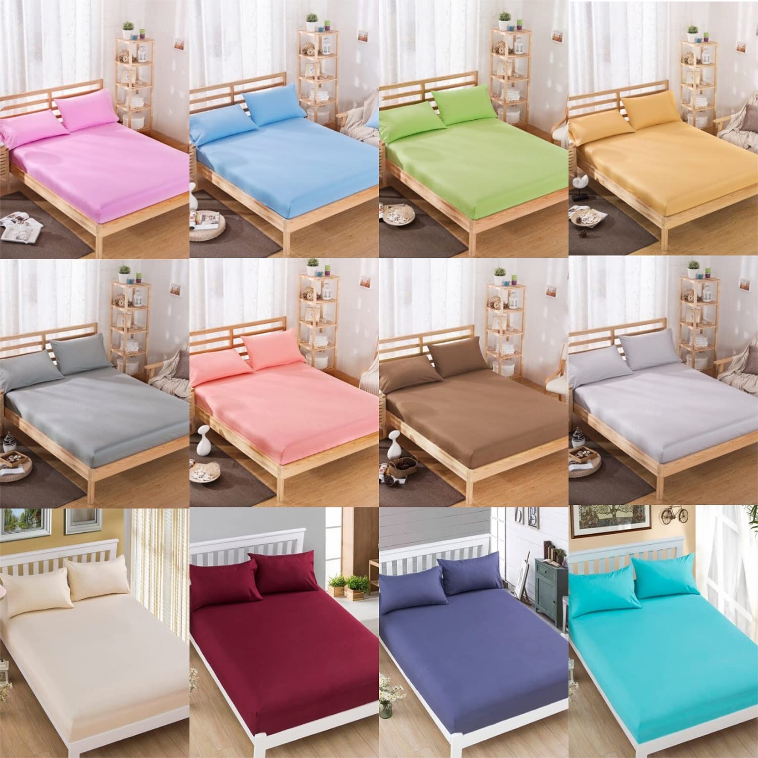 Deep Fitted King Bed Sheets Easy Care Non-Iron Percale – 12" /30cm Plum Plain Dyed Rich Cotton 180 Thread Count BedSheets (152x200cm)