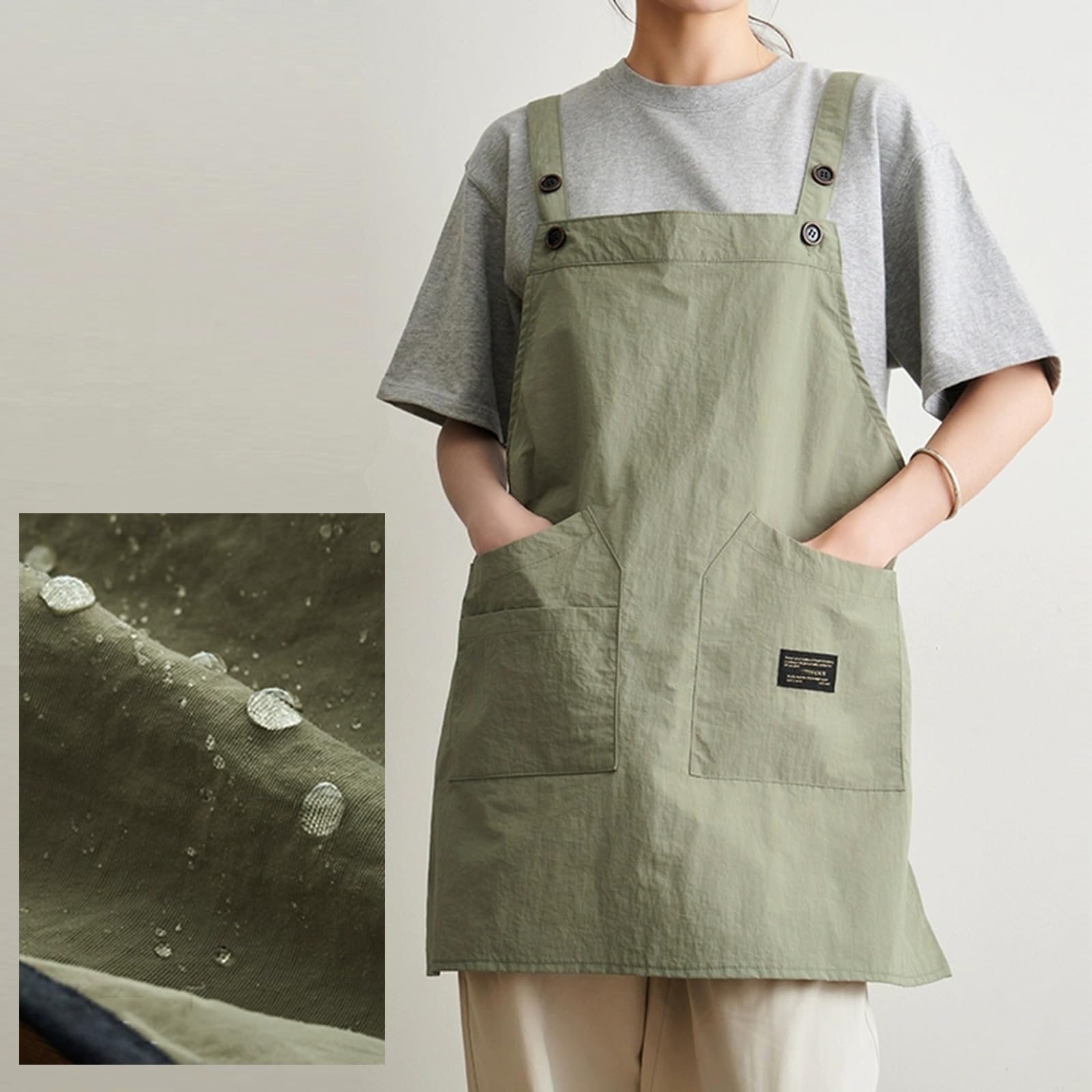 Grembiule per Uomo E Donna con 3 Tasche, Grembiule per Ristorante Caffetteria BBQ Bar Chef CucinaGreen,One Size