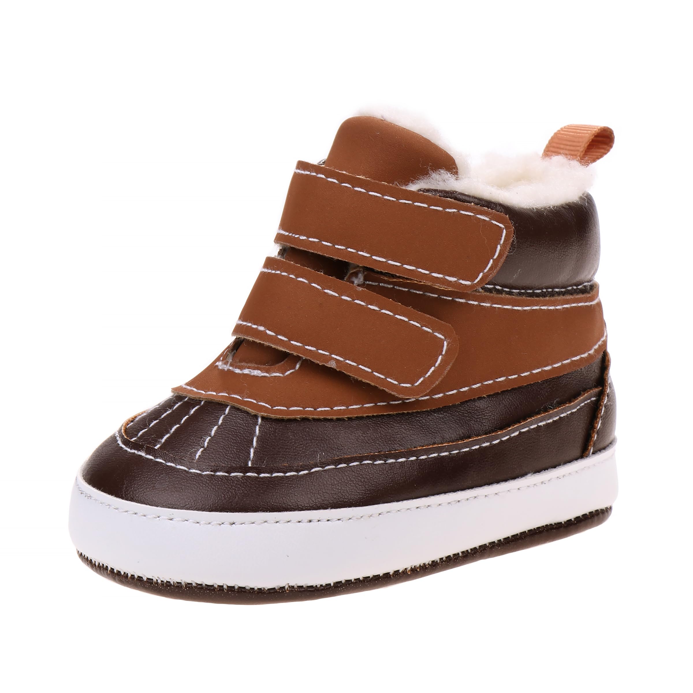 Josmo Baby Boys and Girls Winter Boots Cozy Fleece Lined Crib Shoes Soft Sole Strap Stylish Duck First Walking, Brown/Tan, 3 US Unisex Infant