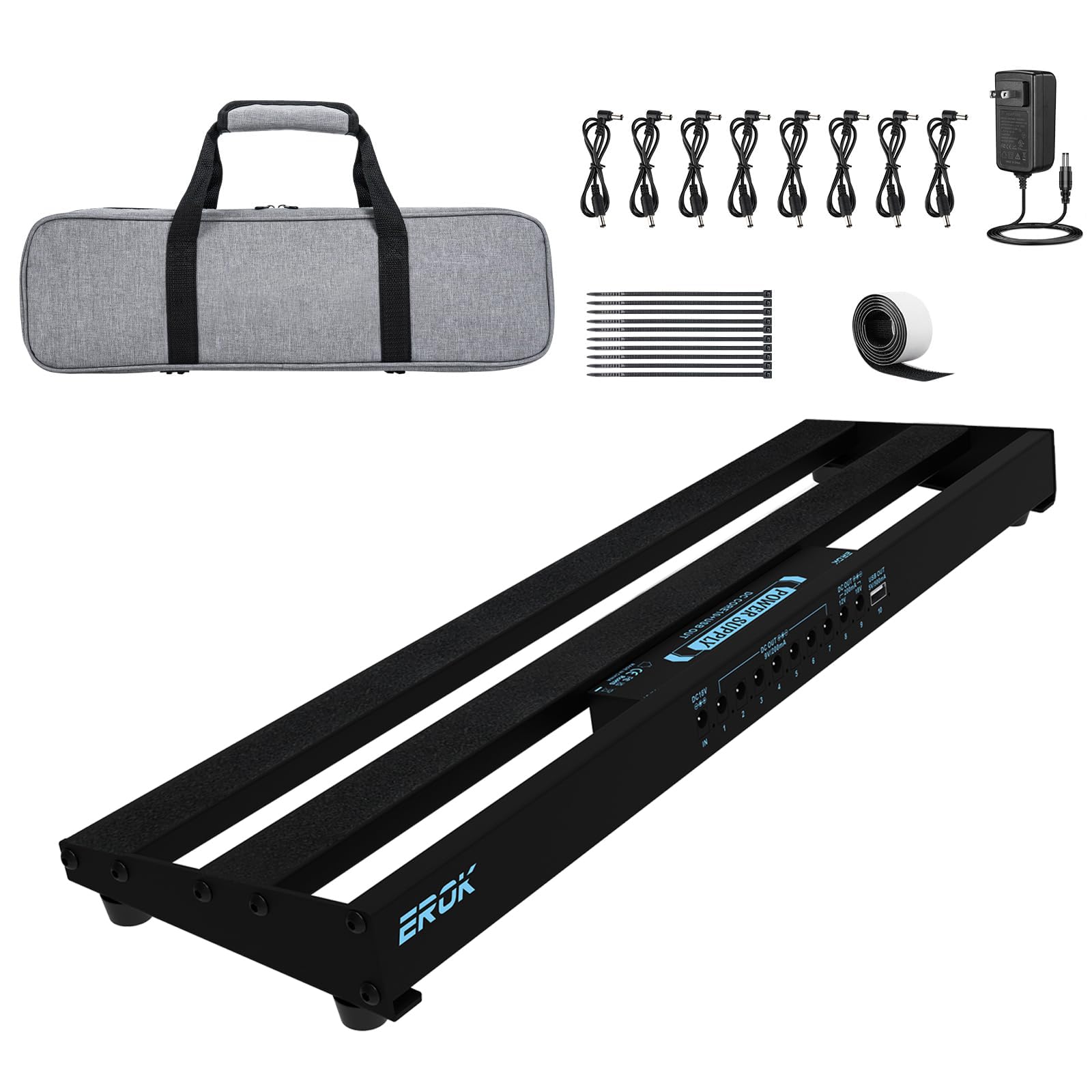 EROK Gitarren-Pedalboard, Pedalboard mit integriertem Netzteil, 48,3 x 13 x 4,6 cm, 0,9 kg, Aluminium-Legierung mit Kabeln, Tasche, selbstklebendes Hakenband für Pedal