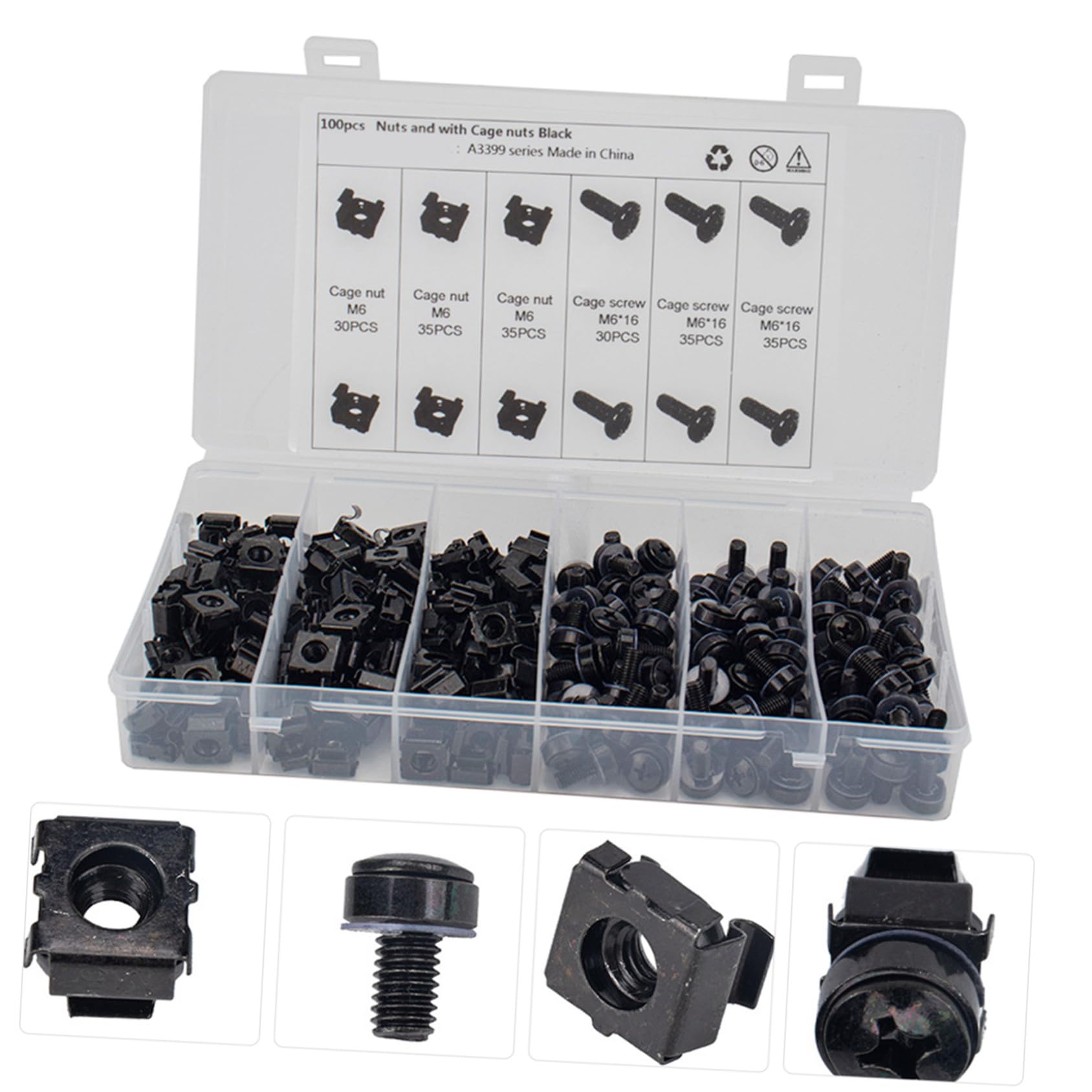 Cabilock Juego De 100 Tornillos M6 Para Rack Industrial, Tuercas Cuadradas Enjauladas y Arandelas Metálicas Negras, Kit Multifuncional Para Montaje En Bastidores y Armarios De Equipos Profesionales