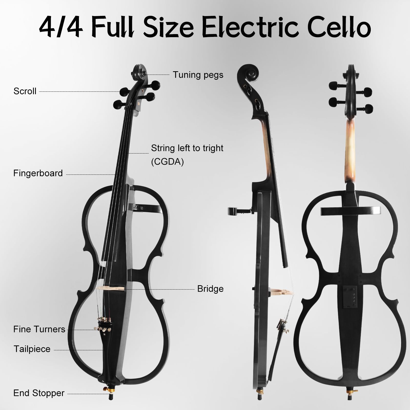Ceciliec Electric Cello, 4/4 Full Size Ebony Fittings with Lightweight Cello Bag, Headphones, Bow, Bridge, Rosin, Beginner Cello Set for Adults Student(Black)