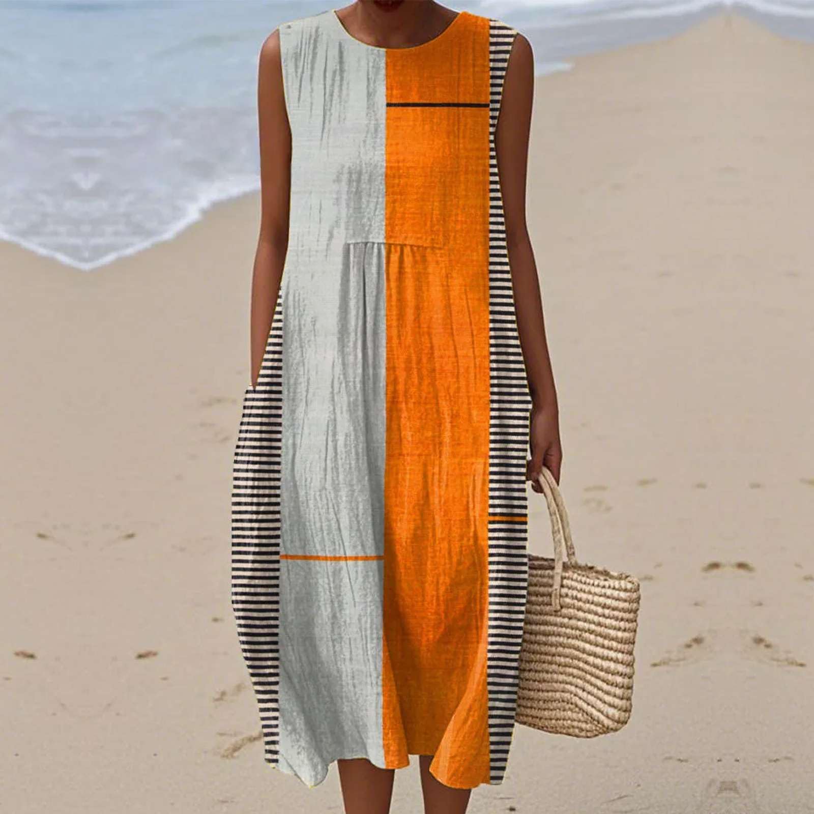Vestido Mujer Estivo Boho Chic - Abito sin Mangas Largo de Lino Estampado y Bolsillos, Suave Vestido Primavera de Mezcla, Maxi Talla Grande Elegante para Vacaciones Playa 2026