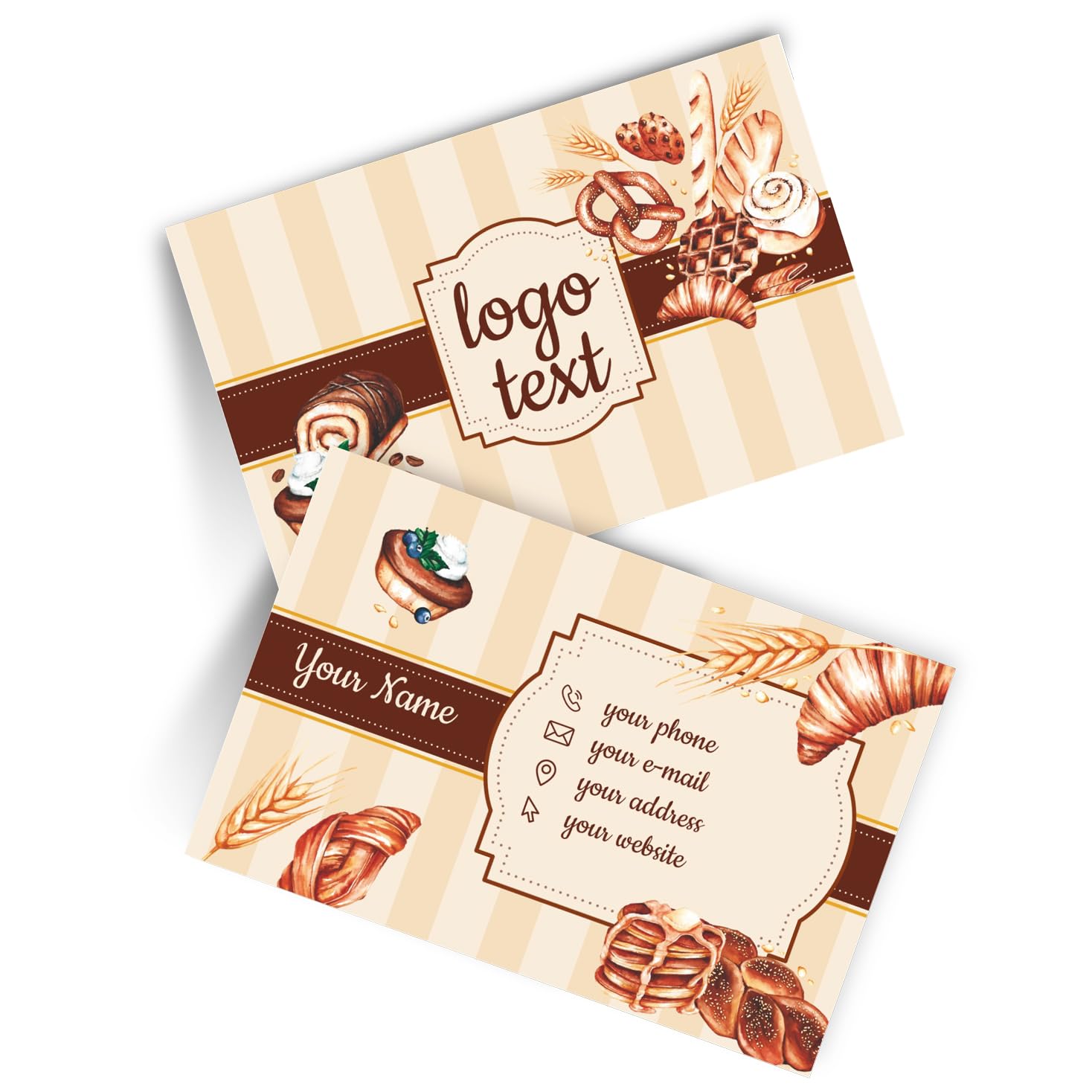 lepni.me Custom Business Cards for Master Baker, Pizza Maker with Name, Phone, Email Personalized Front & Back Beige Striped Design Business Cards for Bakery, Cafe Mat/Laminated