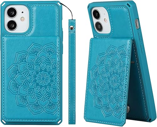 Funda para iPhone 12 Mini, funda de cuero con estampado de flores de mandala, tapa con correa soporte para tarjeta de crédito y funda tipo cartera