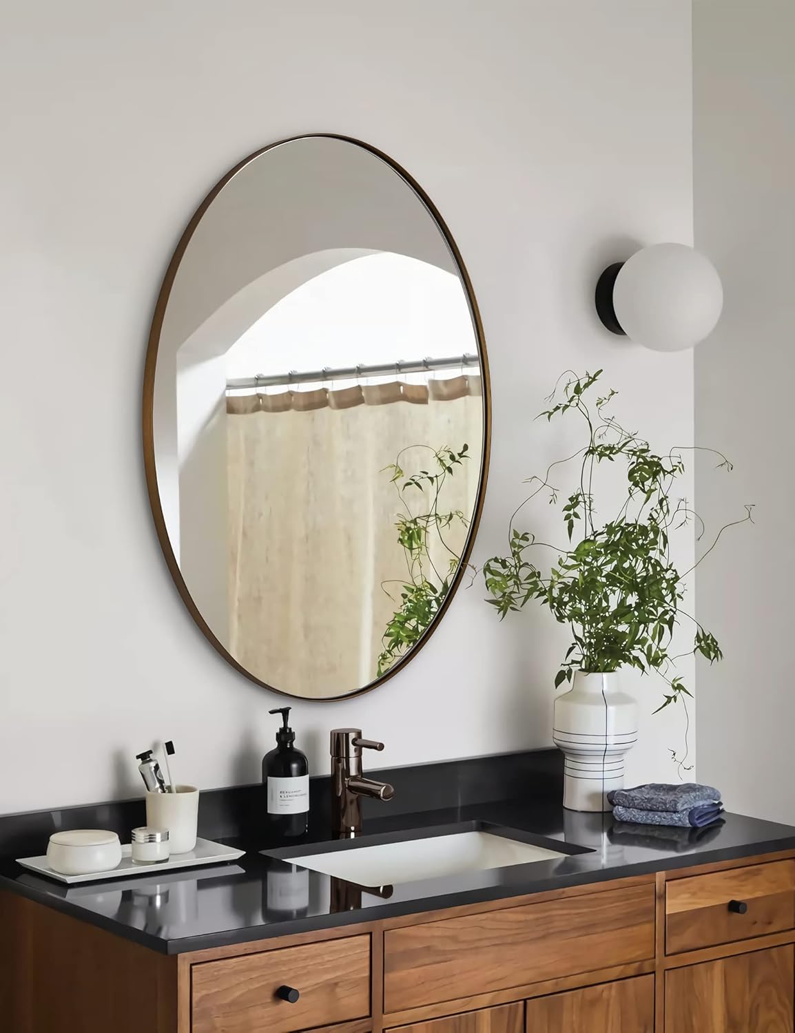 ANDY STAR Bronze Bathroom Mirror, 22x30 Brushed Bronze Oval Mirror, Pill Shaped Mirror Oval Wall Mirror for Bathroom in Stainless Steel Frame Wall Mount Horizontal or Vertical Brushed Bronze 22" x 30"