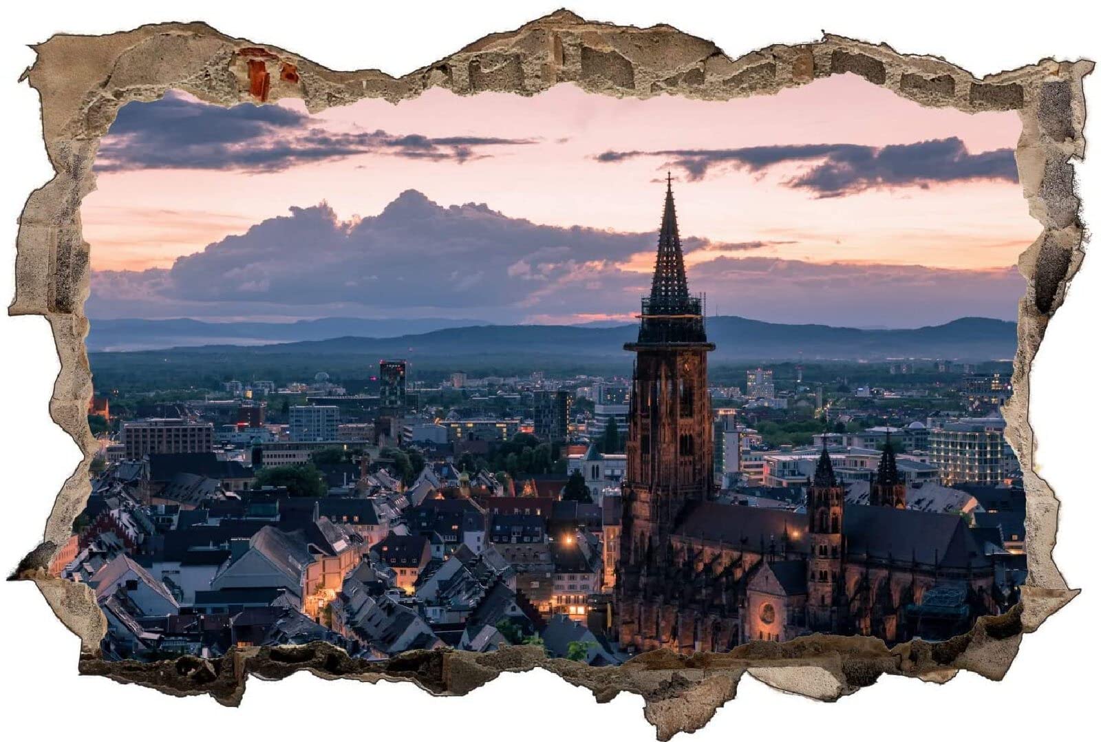 Sztuka ścienna naklejki 3D miasto panorama specjalny efekt widok na zewnątrz pęknięta ściana dekoracyjne usuwalne DIY winylowe naklejki ścienne salon, sypialnia mural 75 x 113 cm