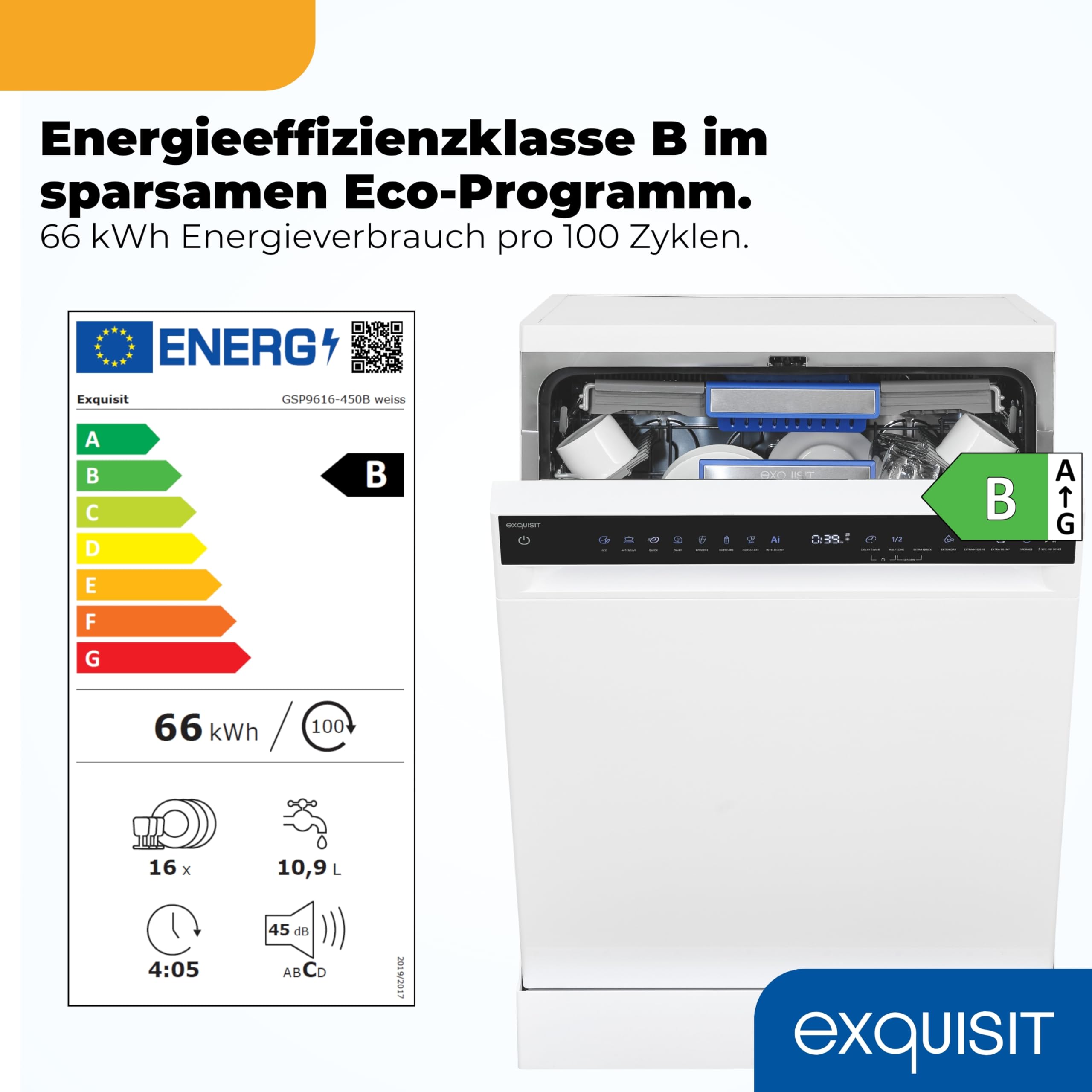 Exquisit GSP9616-450B Geschirrspüler - 60cm Spülmaschine - 16 Gedecke