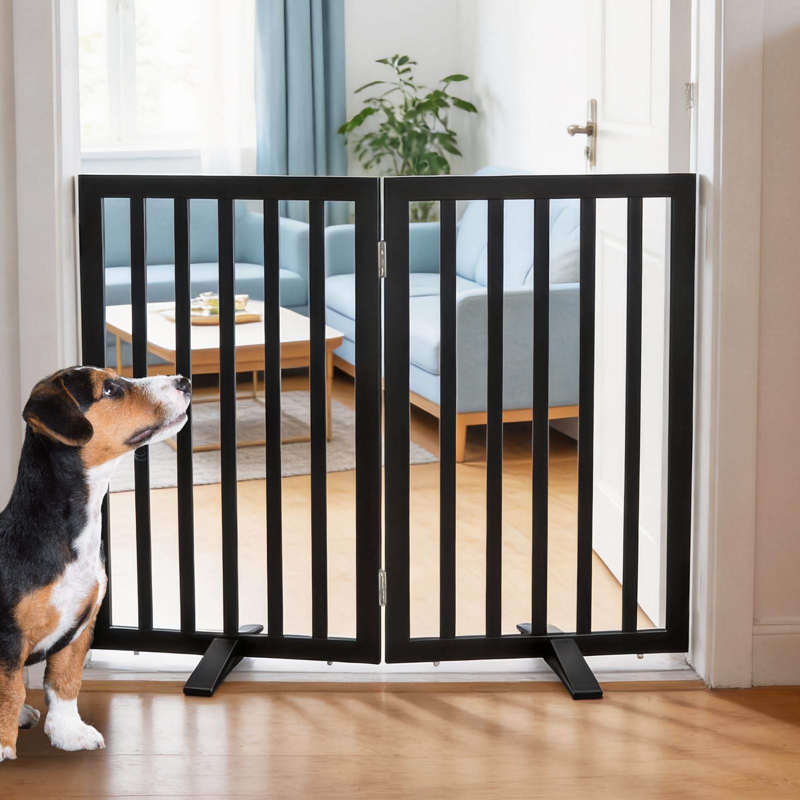 SFJC Pet Door Indoor, Freestanding Dog Fence for The House, Doorways, Hallways,or Stairs,Pet Gate Foldable Wooden,Expandable 32" Height 2 Panels,Black
