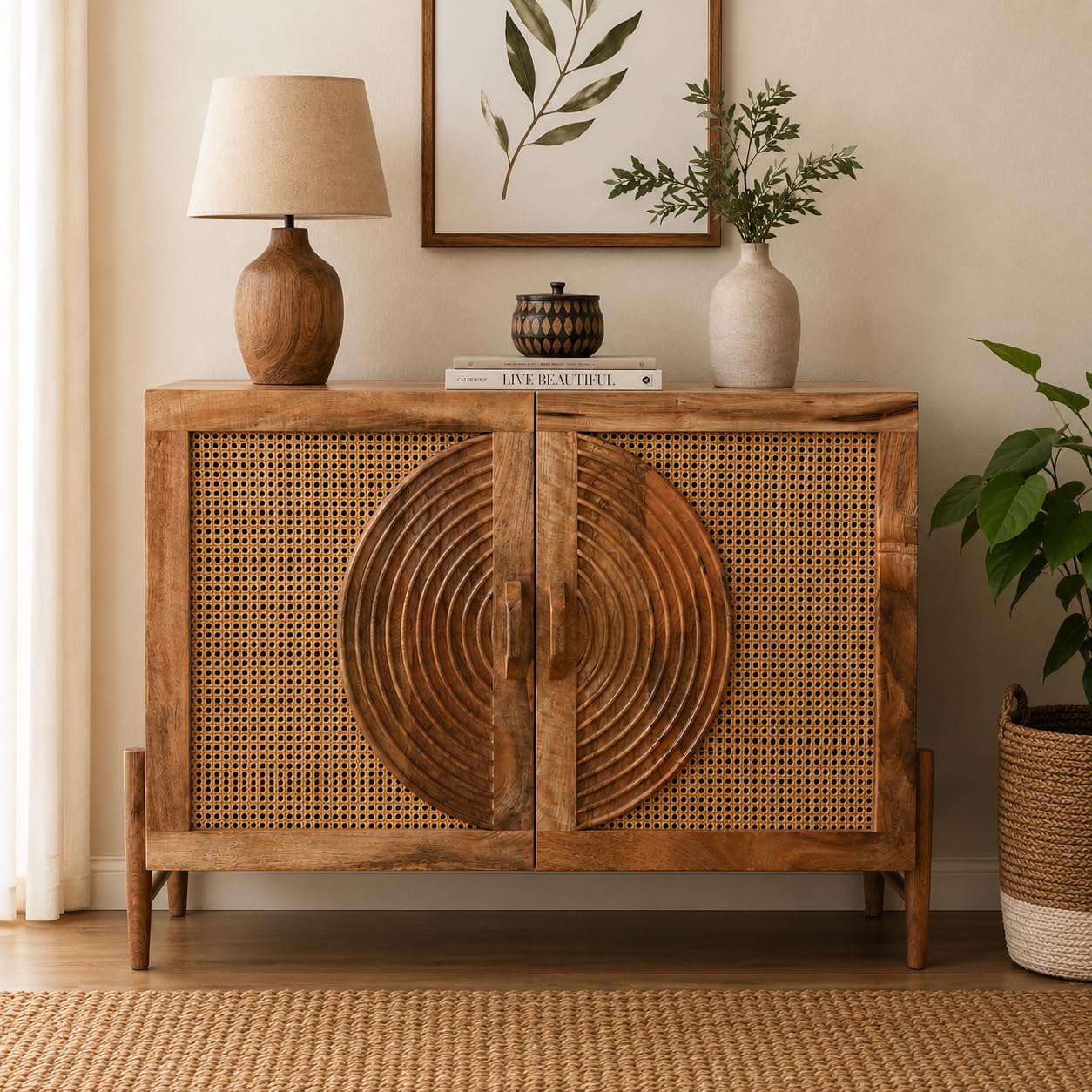 Osho Solid Wood Cabinet with Rattan Cane Fitted Doors | 2 Interior Shelves, Rattan Cane Doors-picture-30