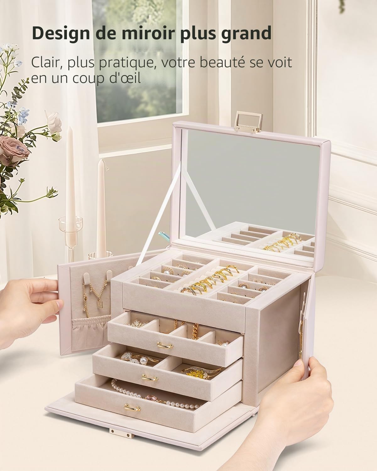 Vlando Grande boîte à bijoux à 4 niveaux - En cuir synthétique - Avec miroir et tiroirs - Organiseur de bijoux - Doublure en velours - Beige