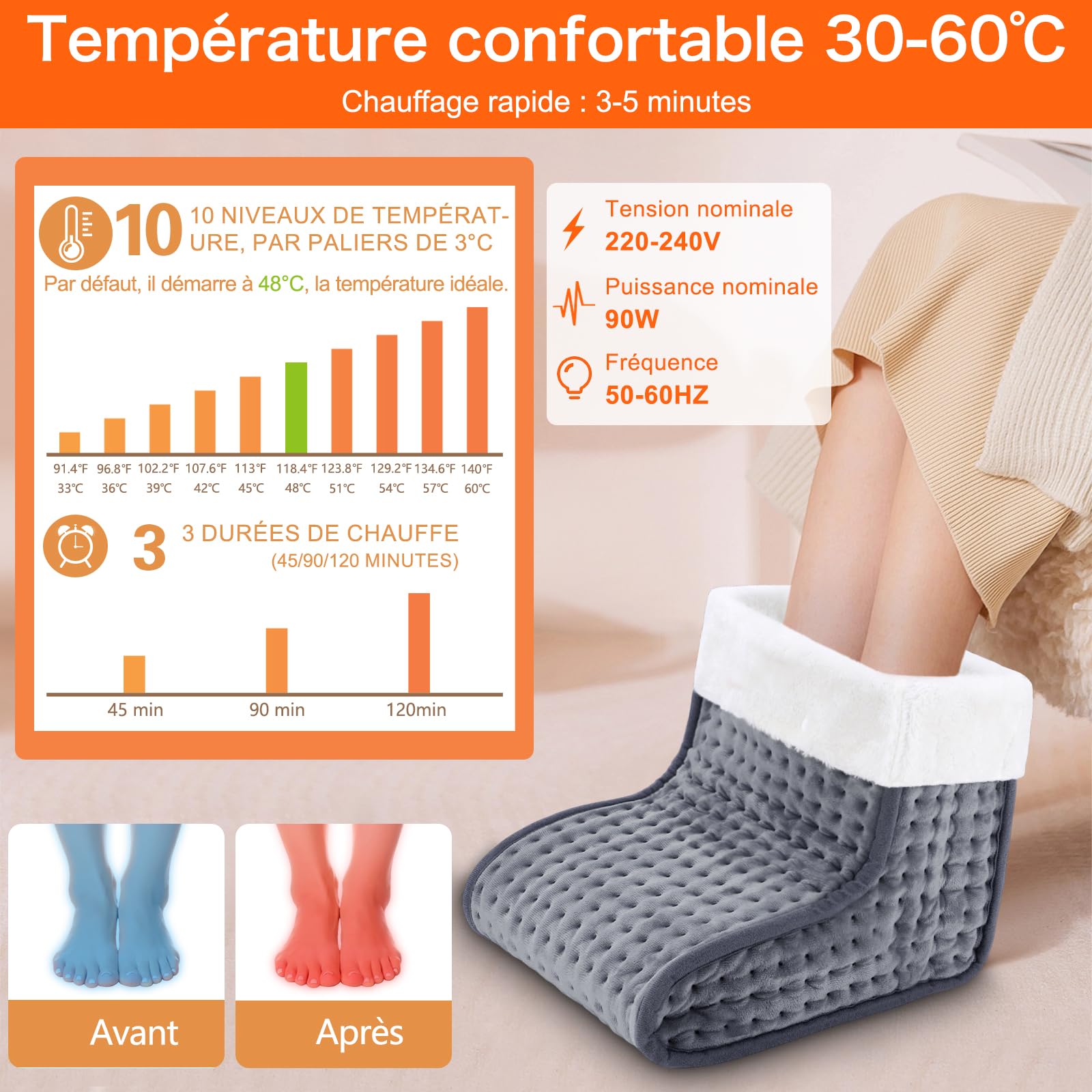 Biutee Chauffe-pieds électrique, chauffe pied 10 Niveaux de Température 30-60 ℃ et Minuterie 45/90/120 min, Doublure Intérieure Lavable 90 W, Jusqu'à la Pointure 44 Gris Foncé