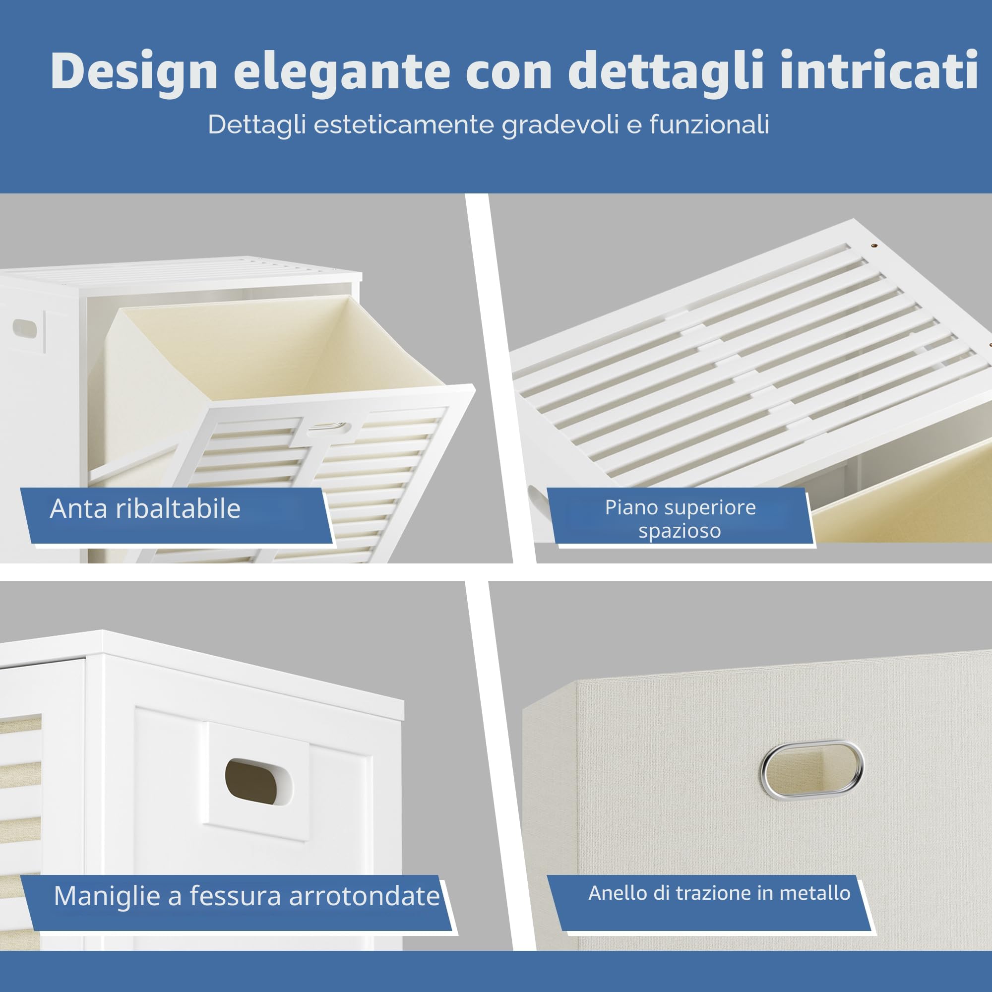 HITNET Mobile Bagno con Portabiancheria, Mobiletto Bagno Salvaspazio da Terra in Bambù con Portabiancheria, Sacco Interno Rimovibile con Maniglie per Lavanderia e Camera da Letto, Bianco