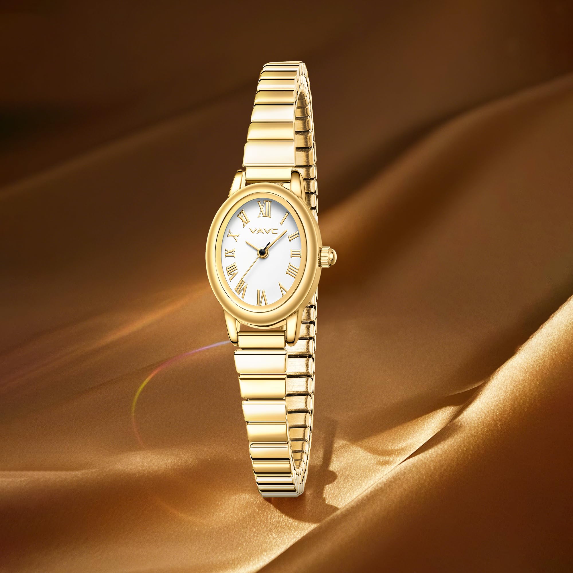 Small Gold Watches for Women,Analog Womens Watch with Stainless Steel Expansion Band,Oval Case Roman Dial,Water Resistant